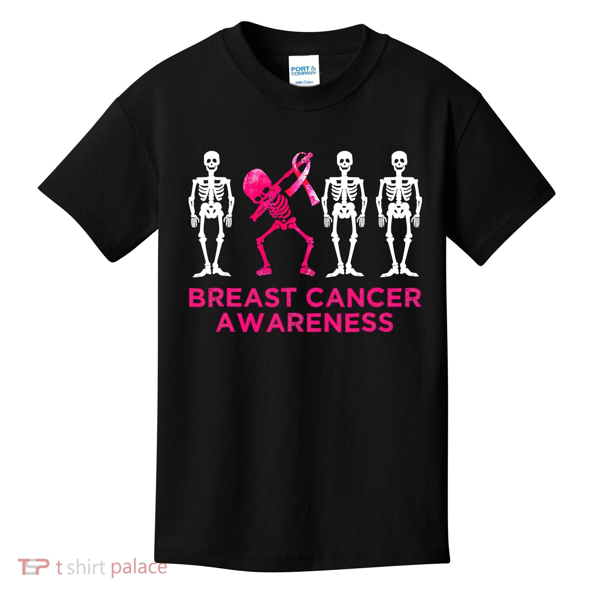 Dabbing Skeleton Pink Ribbon Breast Cancer Halloween Kids T-Shirt