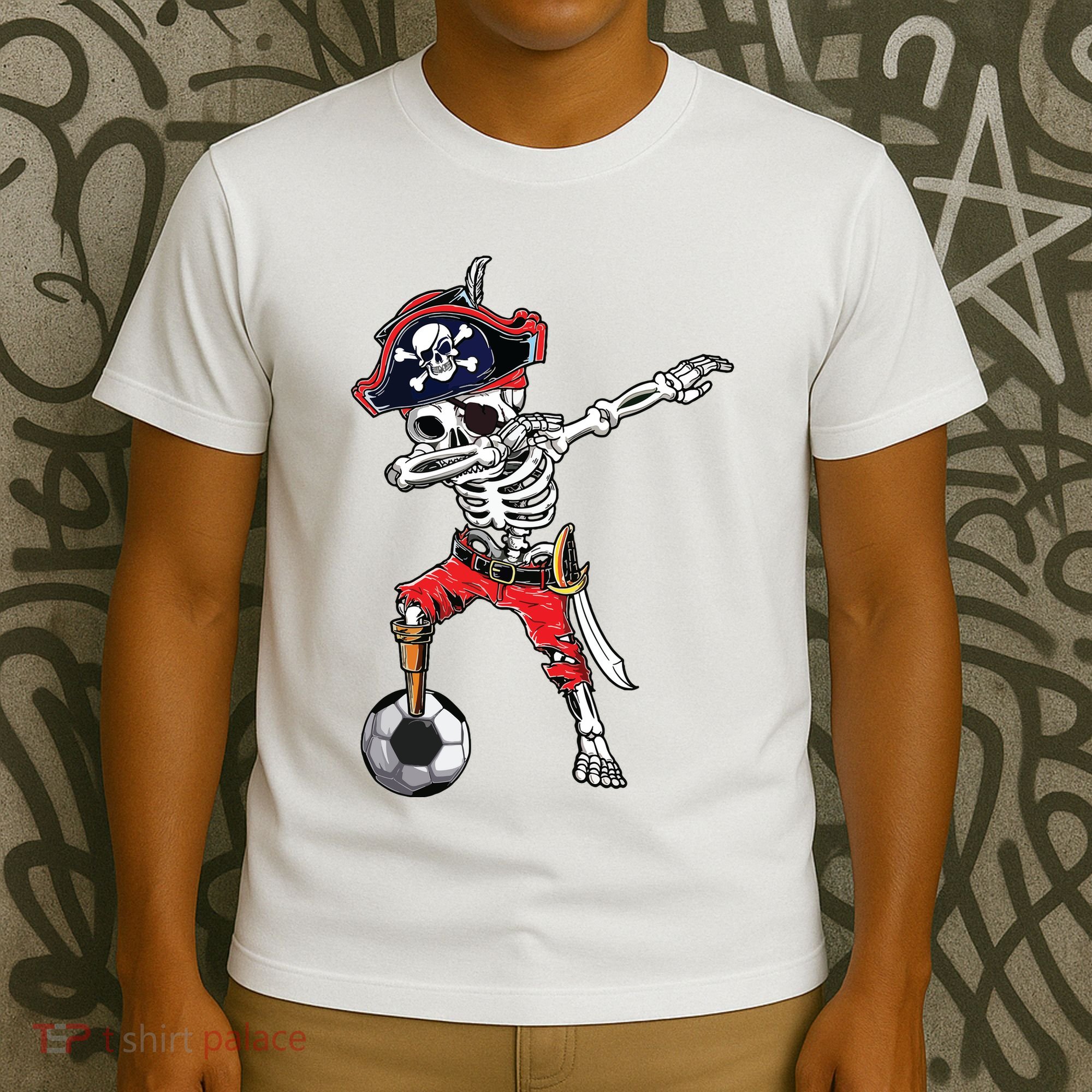 Dabbing Skeleton Pirate Soccer Ball Halloween Costume Day T-Shirt