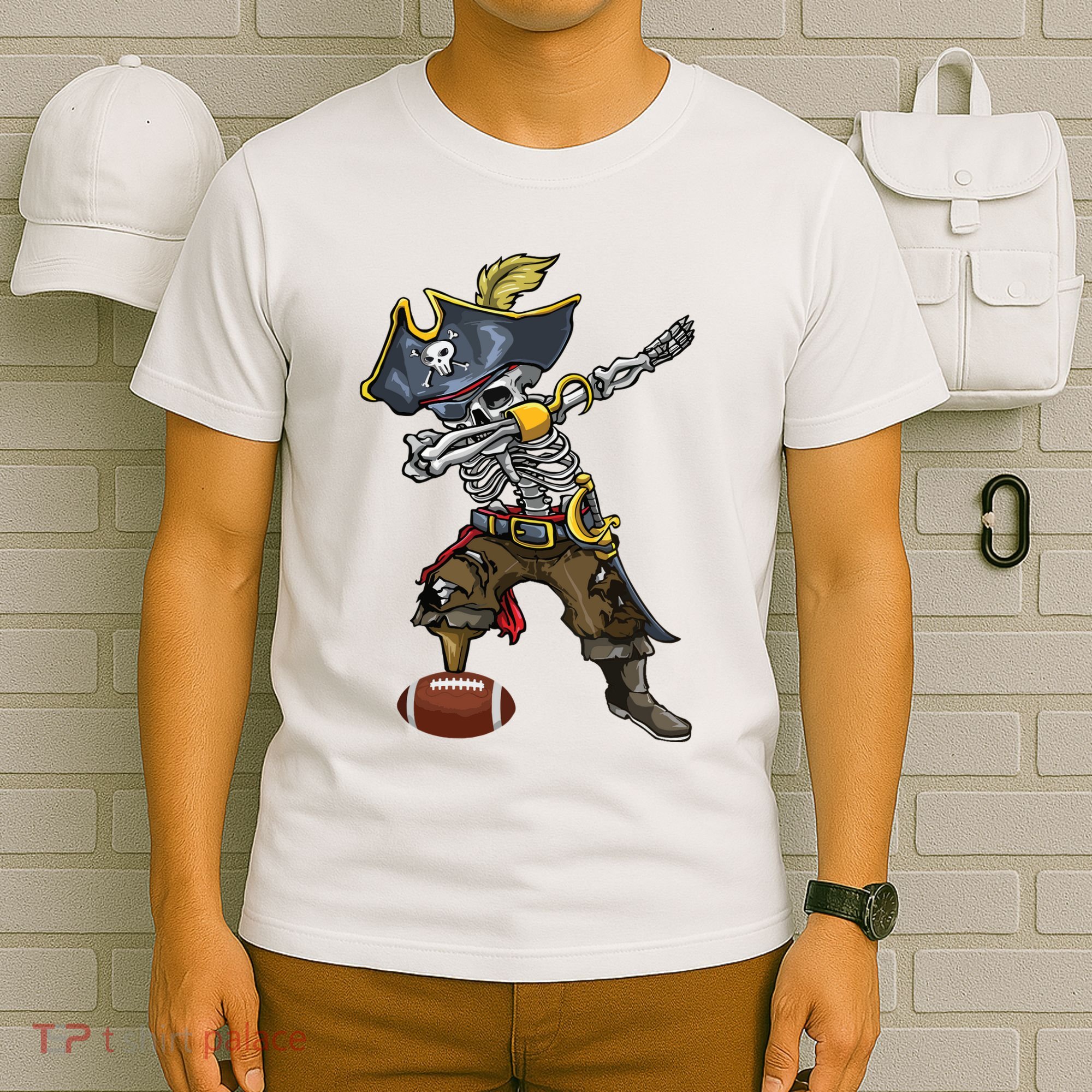 Dabbing Skeleton Pirate Football Lover Halloween Costume T-Shirt