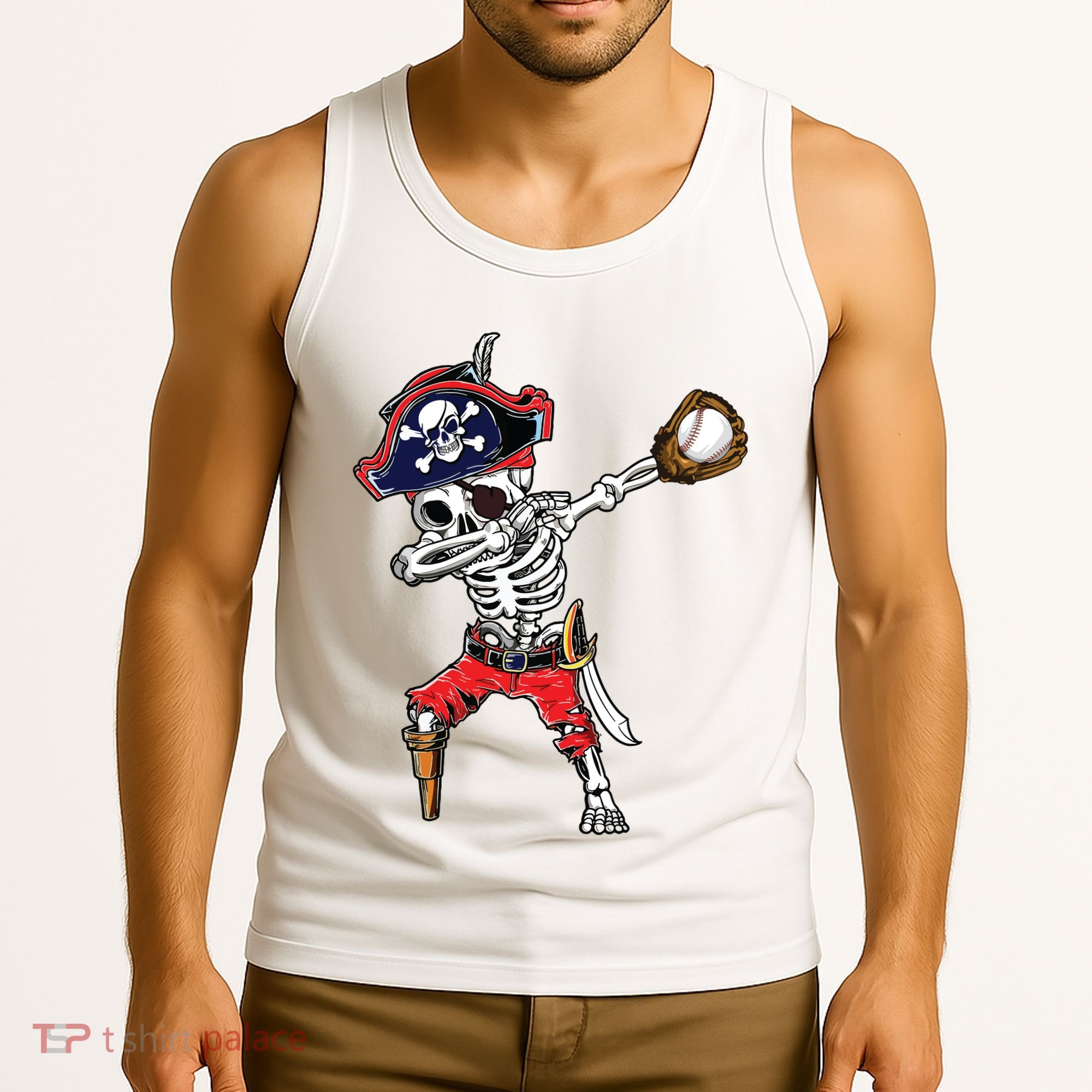 Dabbing Skeleton Pirate Baseball Ball Halloween Costume Tank Top