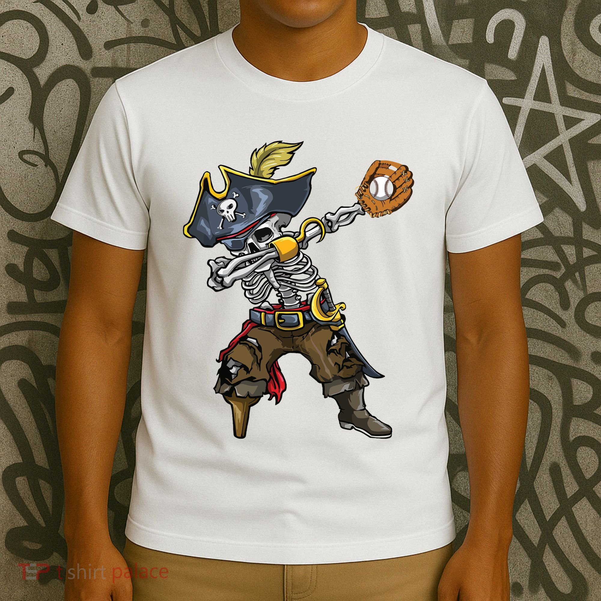 Dabbing Skeleton Pirate Baseball Lover Halloween Costume T-Shirt