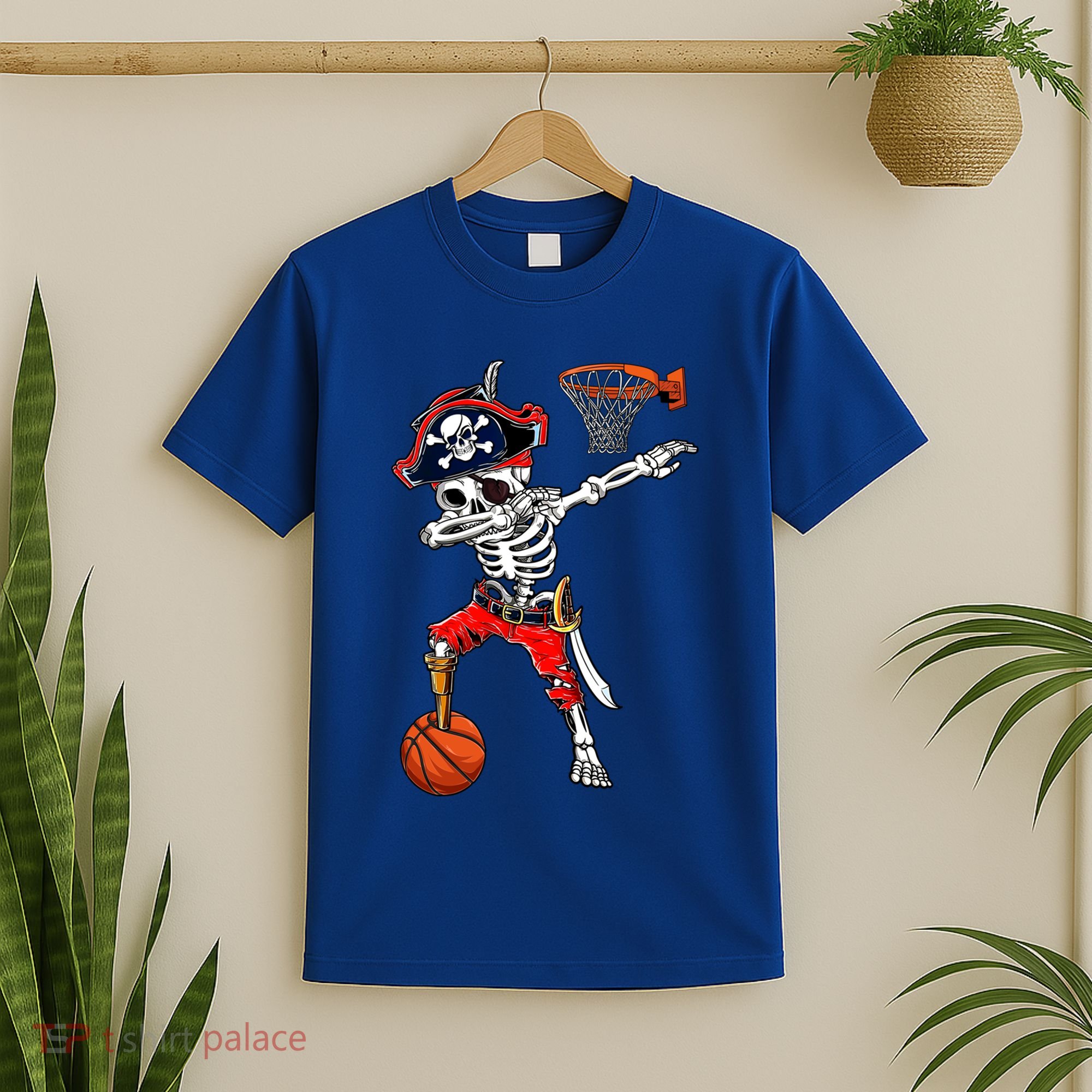 Dabbing Skeleton Pirate And Basketball Ball Halloween Costume Cute Gift T-Shirt
