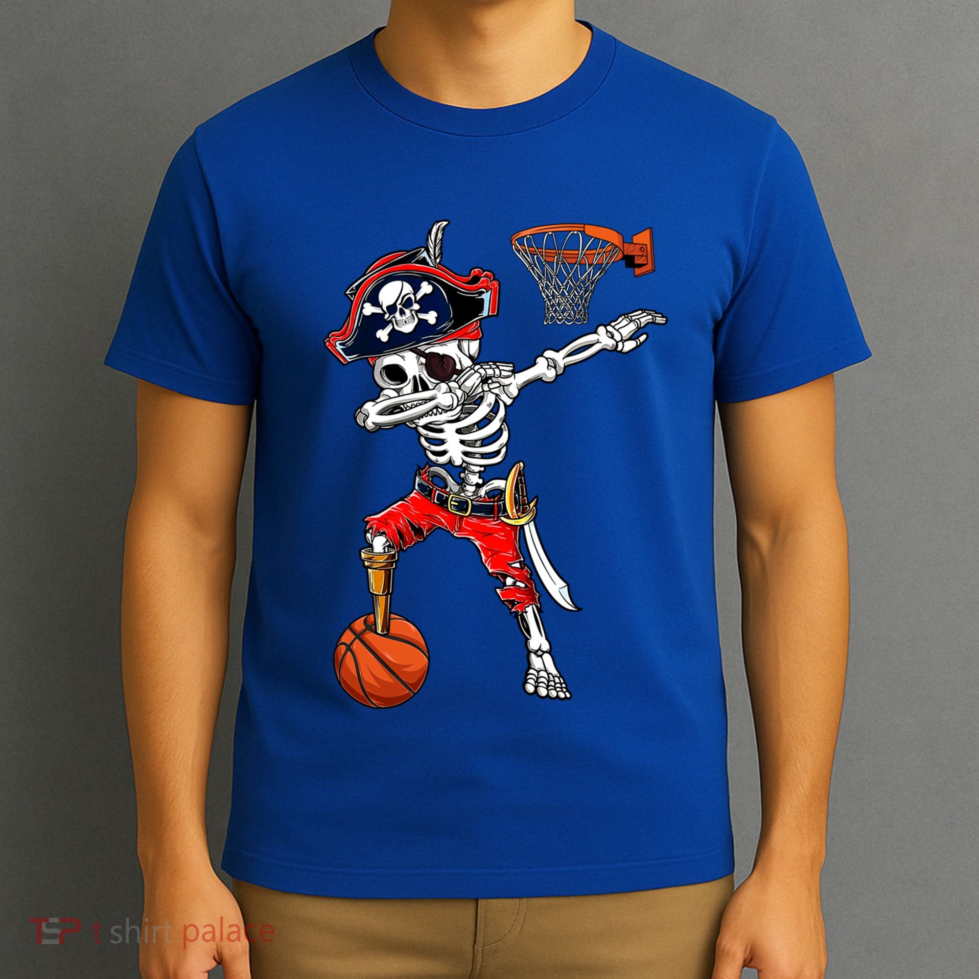Dabbing Skeleton Pirate And Basketball Ball Halloween Costume Cute Gift T-Shirt