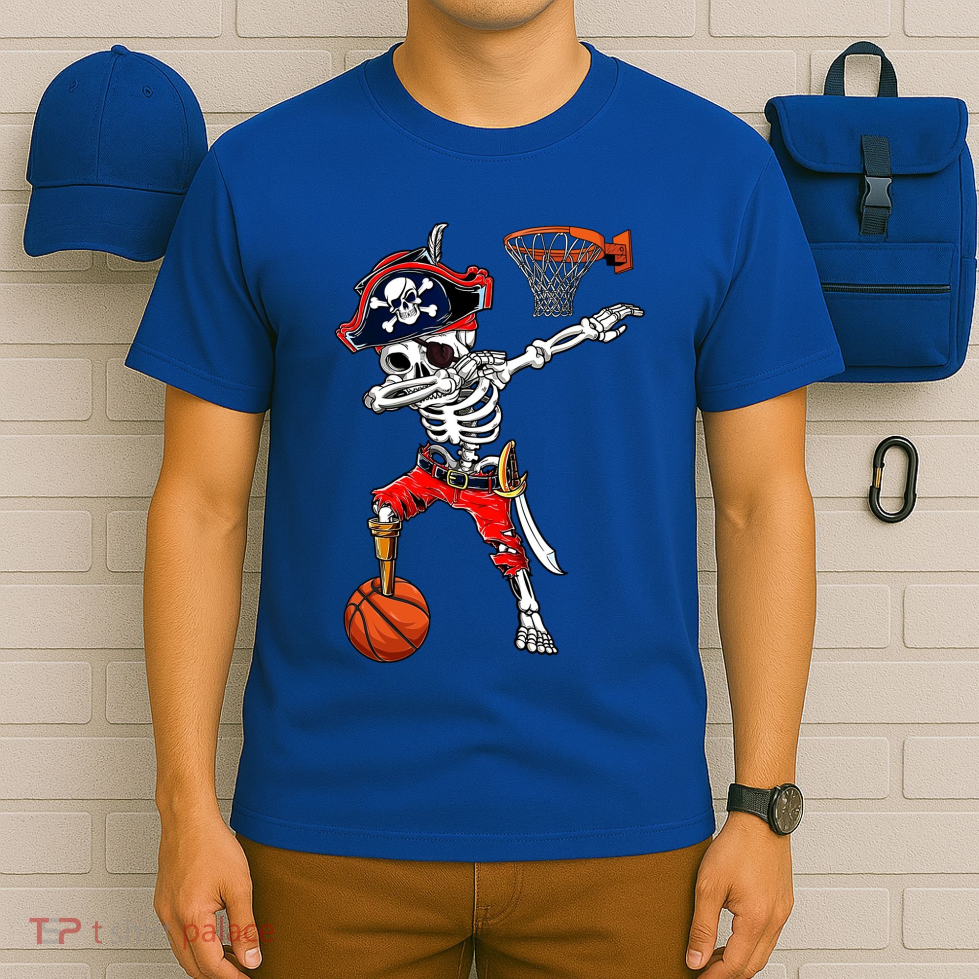 Dabbing Skeleton Pirate And Basketball Ball Halloween Costume Cute Gift T-Shirt