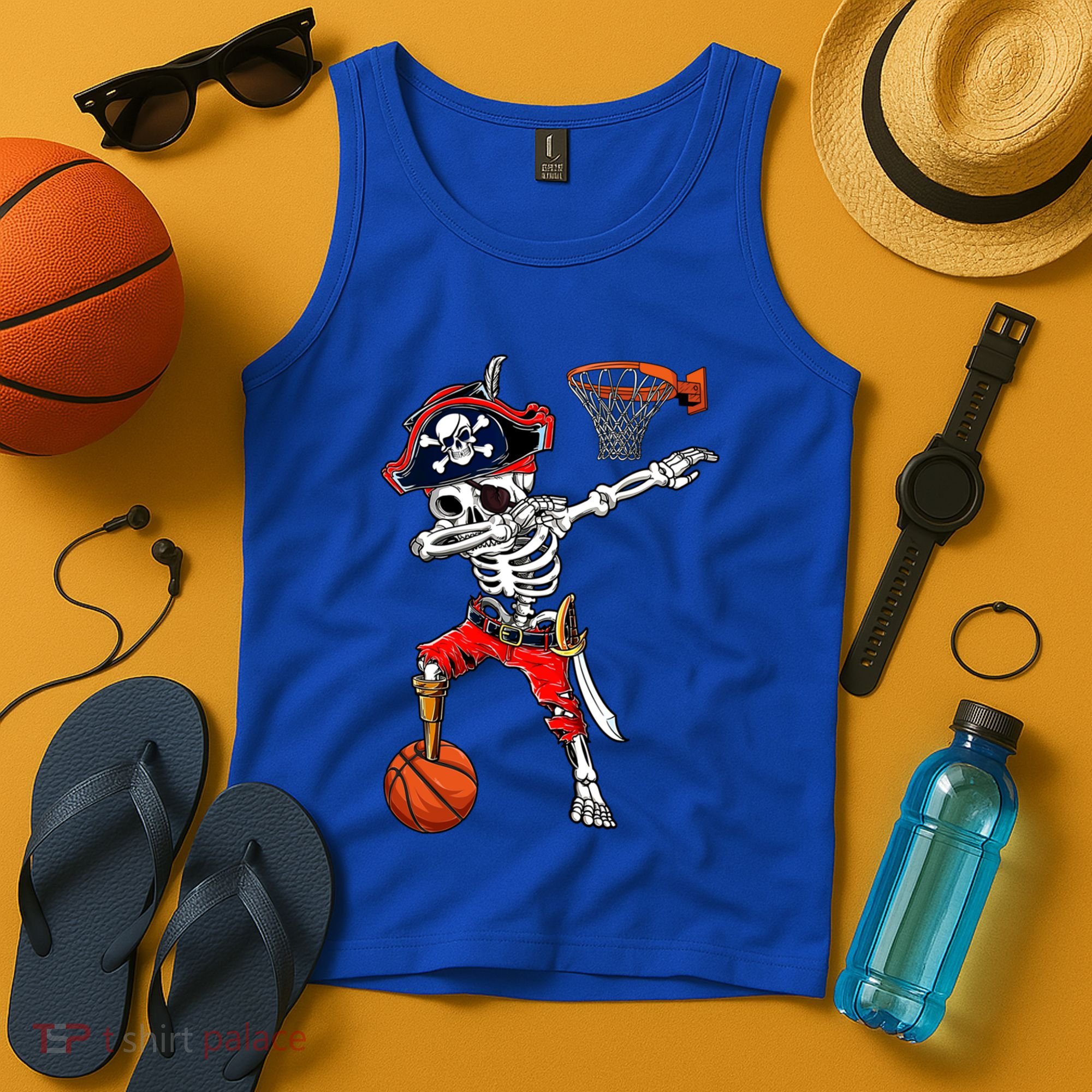Dabbing Skeleton Pirate And Basketball Ball Halloween Costume Cute Gift Tank Top