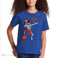 Dabbing Skeleton Pirate And Basketball Ball Halloween Costume Cute Gift Kids T-Shirt thumb 2