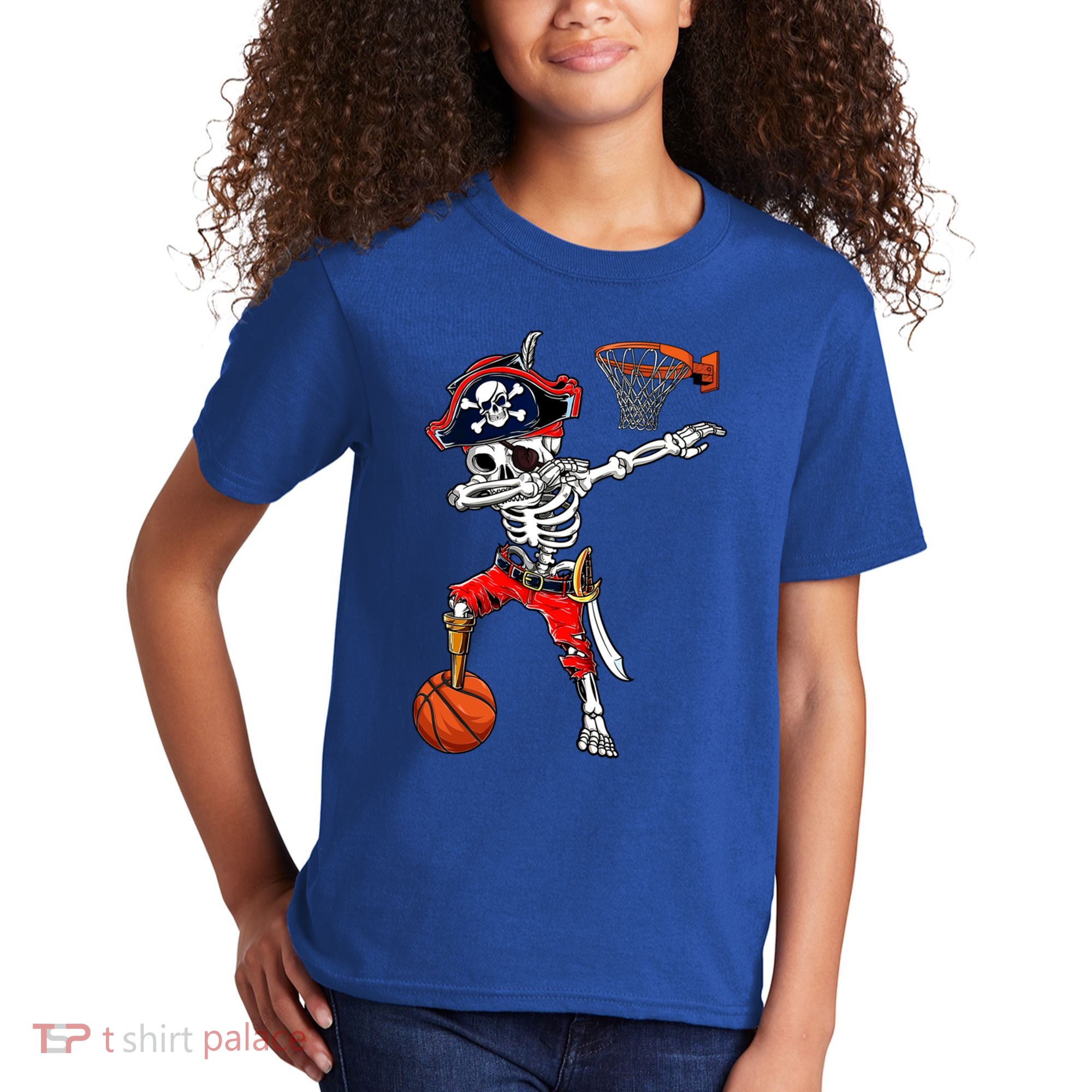 Dabbing Skeleton Pirate And Basketball Ball Halloween Costume Cute Gift Kids T-Shirt