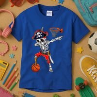Dabbing Skeleton Pirate And Basketball Ball Halloween Costume Cute Gift Kids T-Shirt thumb 3