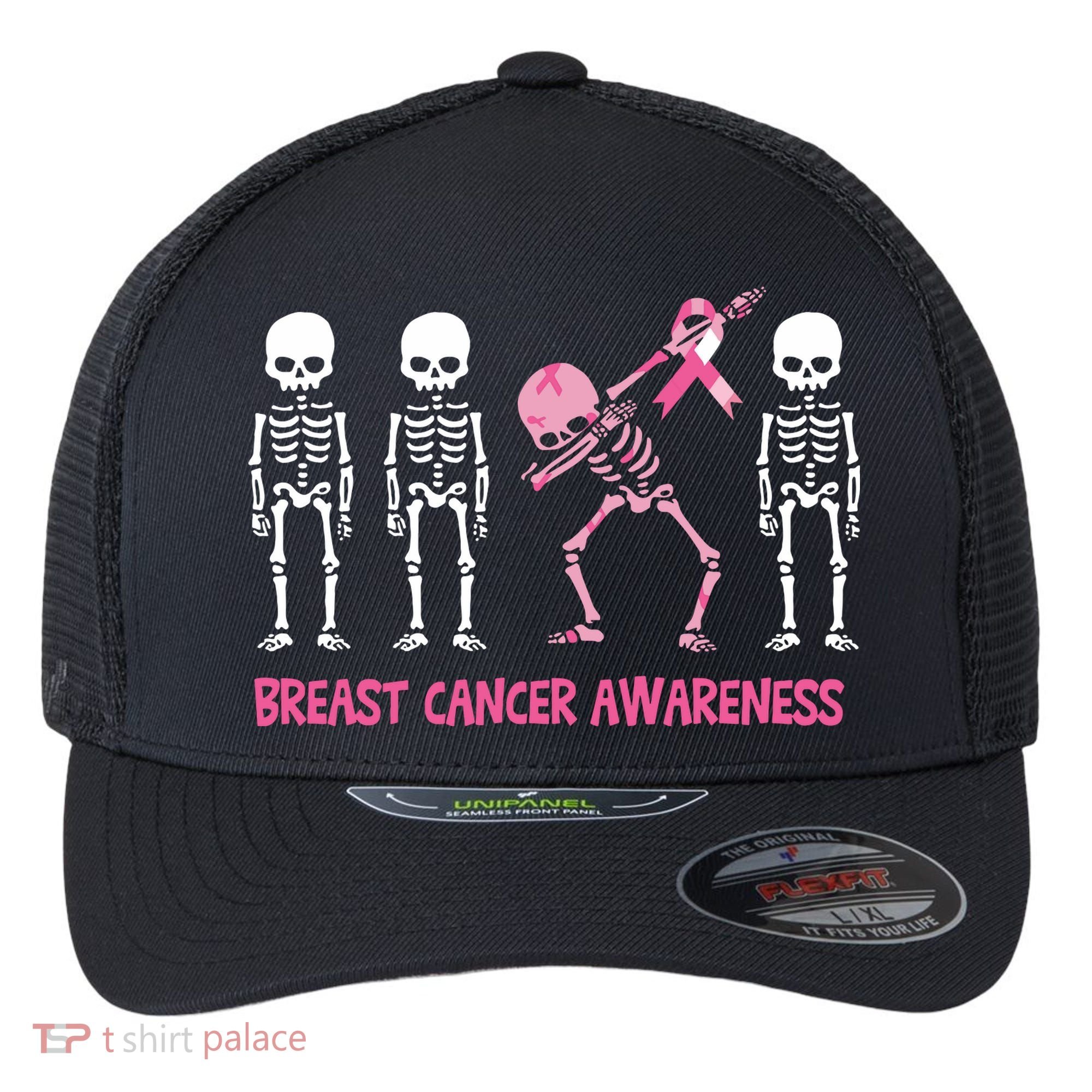 Dabbing Skeleton Pink Ribbon Breast Cancer Halloween Flexfit Unipanel Trucker Cap