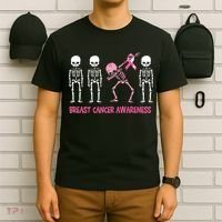 Dabbing Skeleton Pink Ribbon Breast Cancer Halloween T-Shirt thumb 6