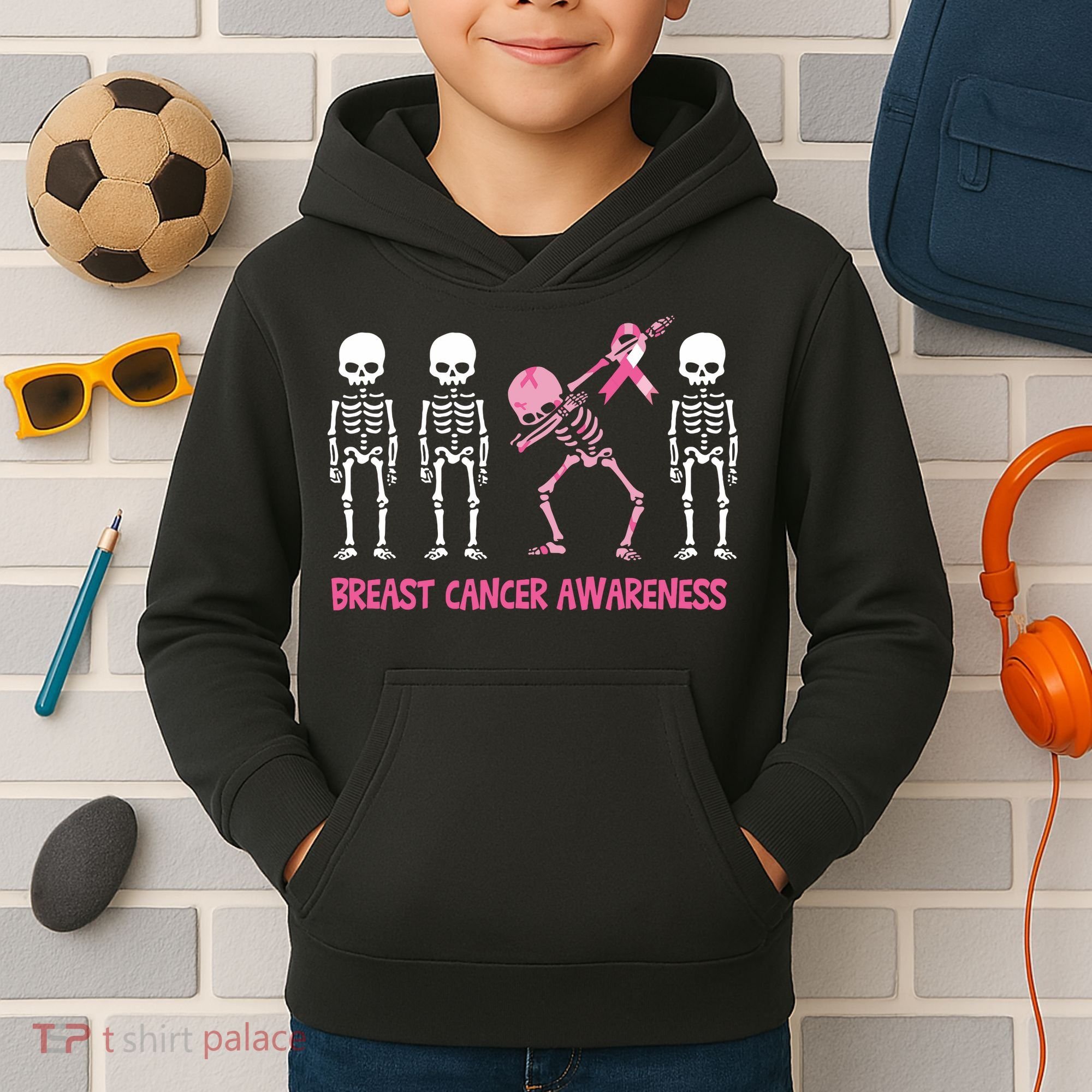 Dabbing Skeleton Pink Ribbon Breast Cancer Halloween Kids Hoodie