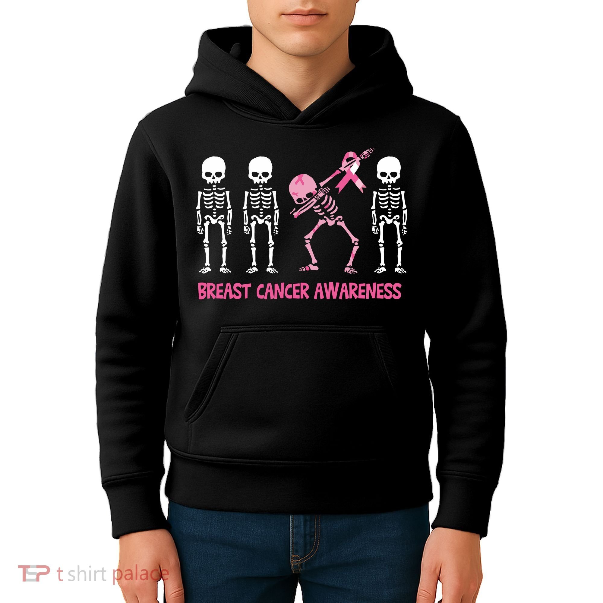 Dabbing Skeleton Pink Ribbon Breast Cancer Halloween Kids Hoodie
