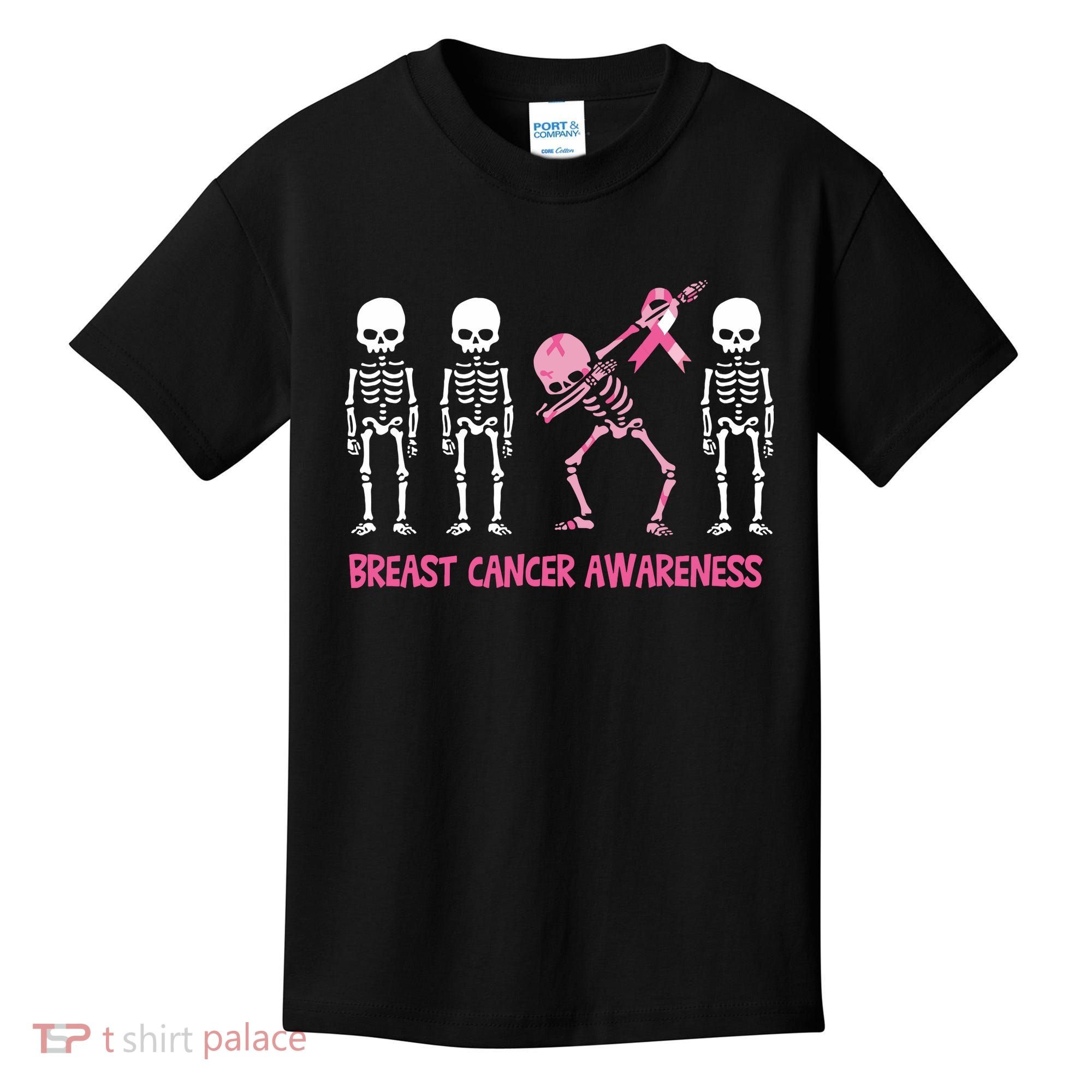 Dabbing Skeleton Pink Ribbon Breast Cancer Halloween Kids T-Shirt