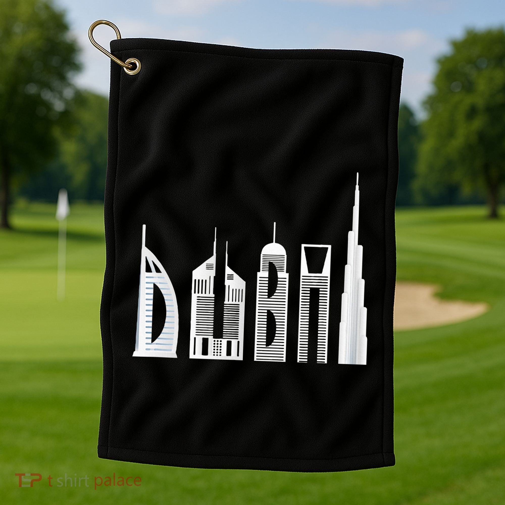 Dubai Skyline Souvenir Famous Buildings Typography Golf Towel