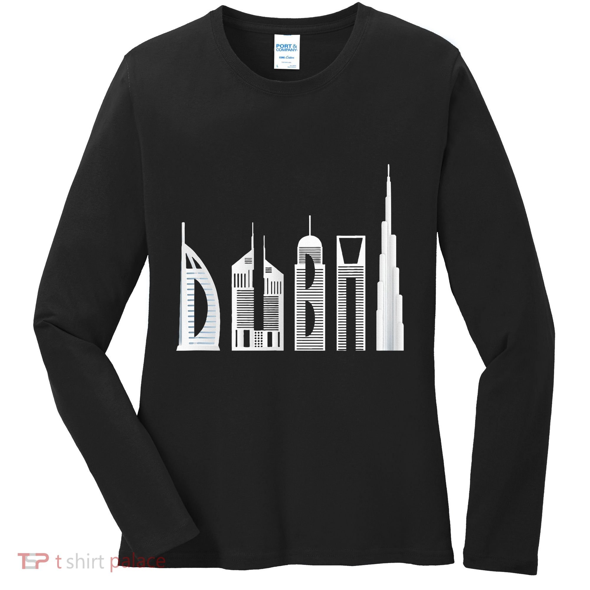 Dubai Skyline Souvenir Famous Buildings Typography Women's Long Sleeve Shirt