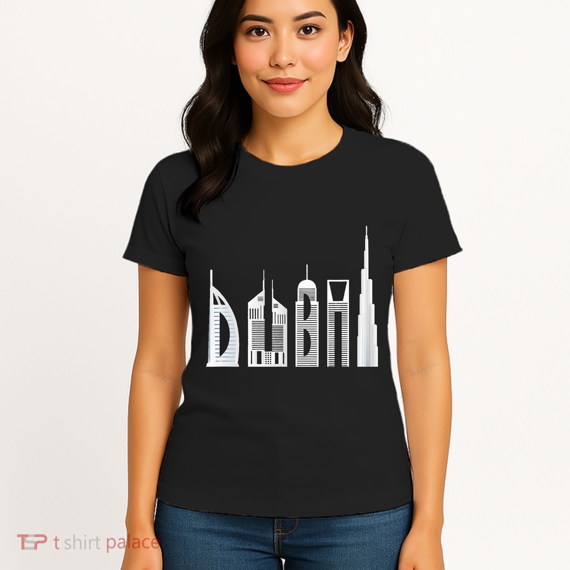 Dubai Skyline Souvenir Famous Buildings Typography Women's T-Shirt