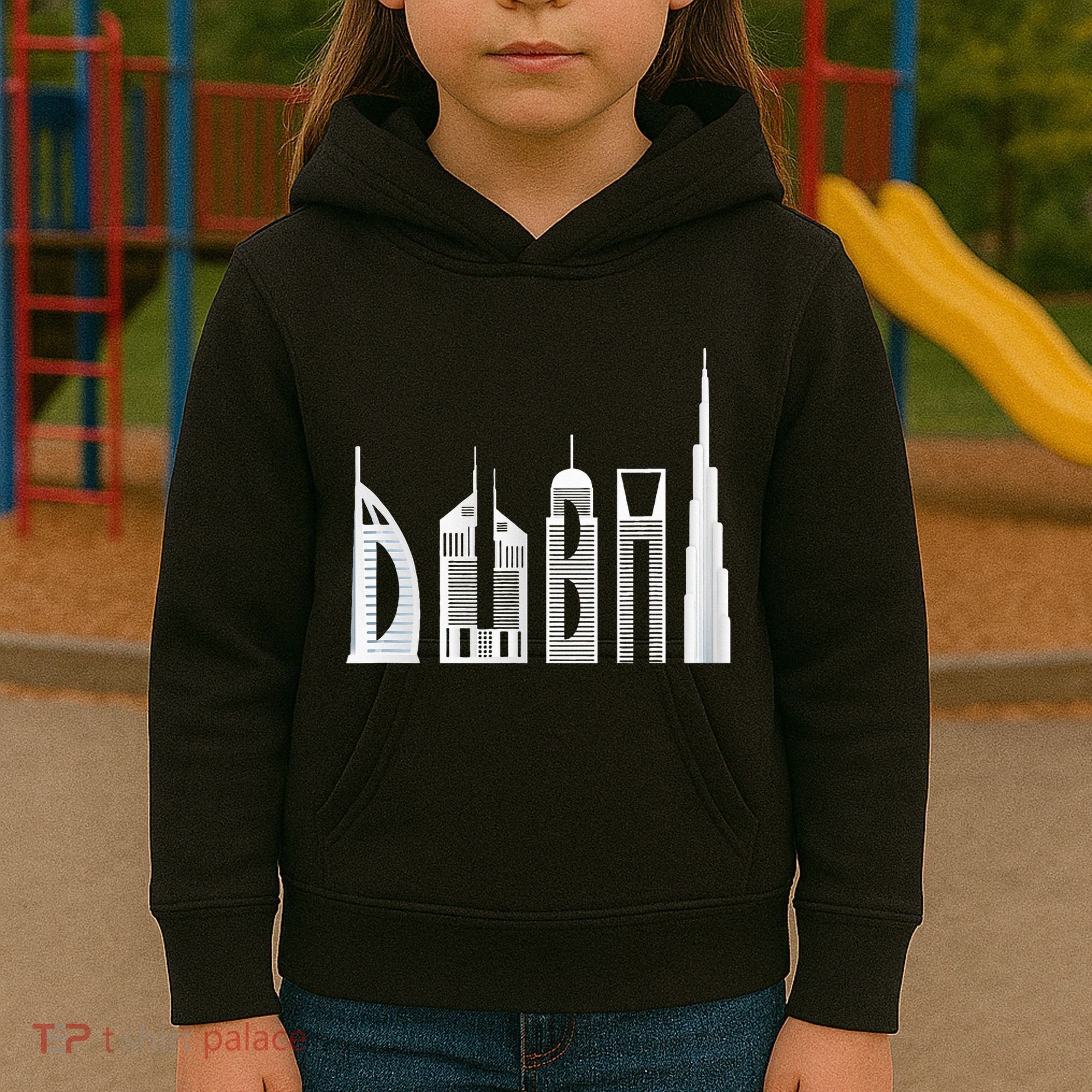 Dubai Skyline Souvenir Famous Buildings Typography Kids Hoodie