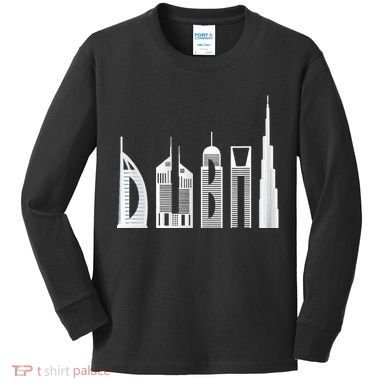 Dubai Skyline Souvenir Famous Buildings Typography Kids Long Sleeve Shirt