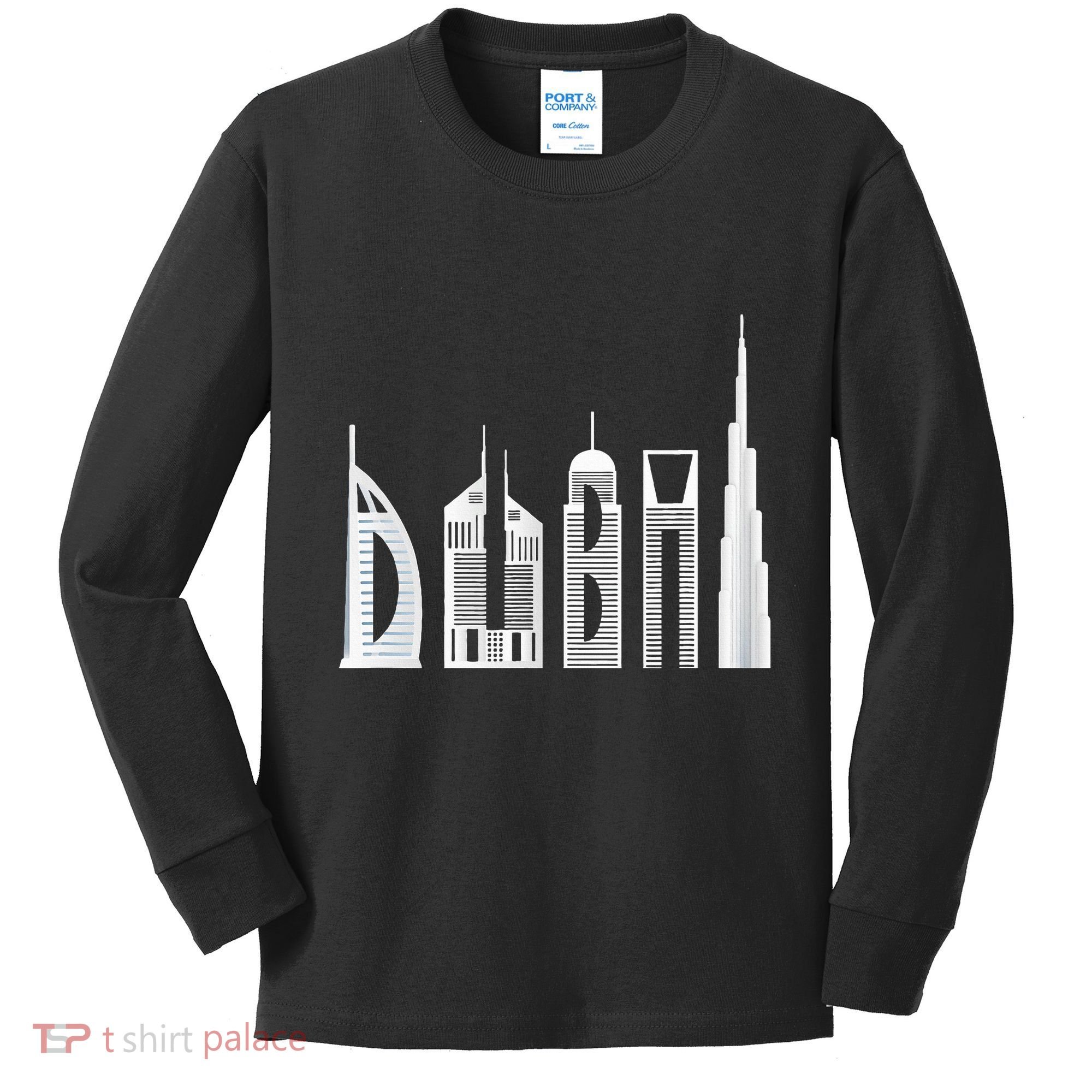 Dubai Skyline Souvenir Famous Buildings Typography Kids Long Sleeve Shirt
