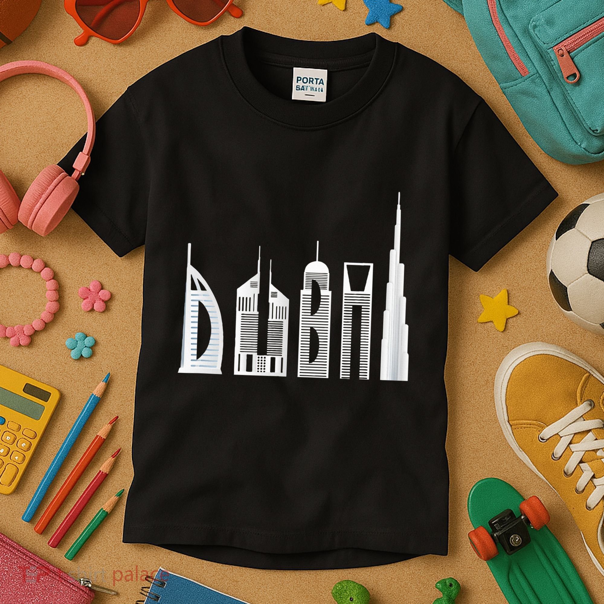 Dubai Skyline Souvenir Famous Buildings Typography Kids T-Shirt