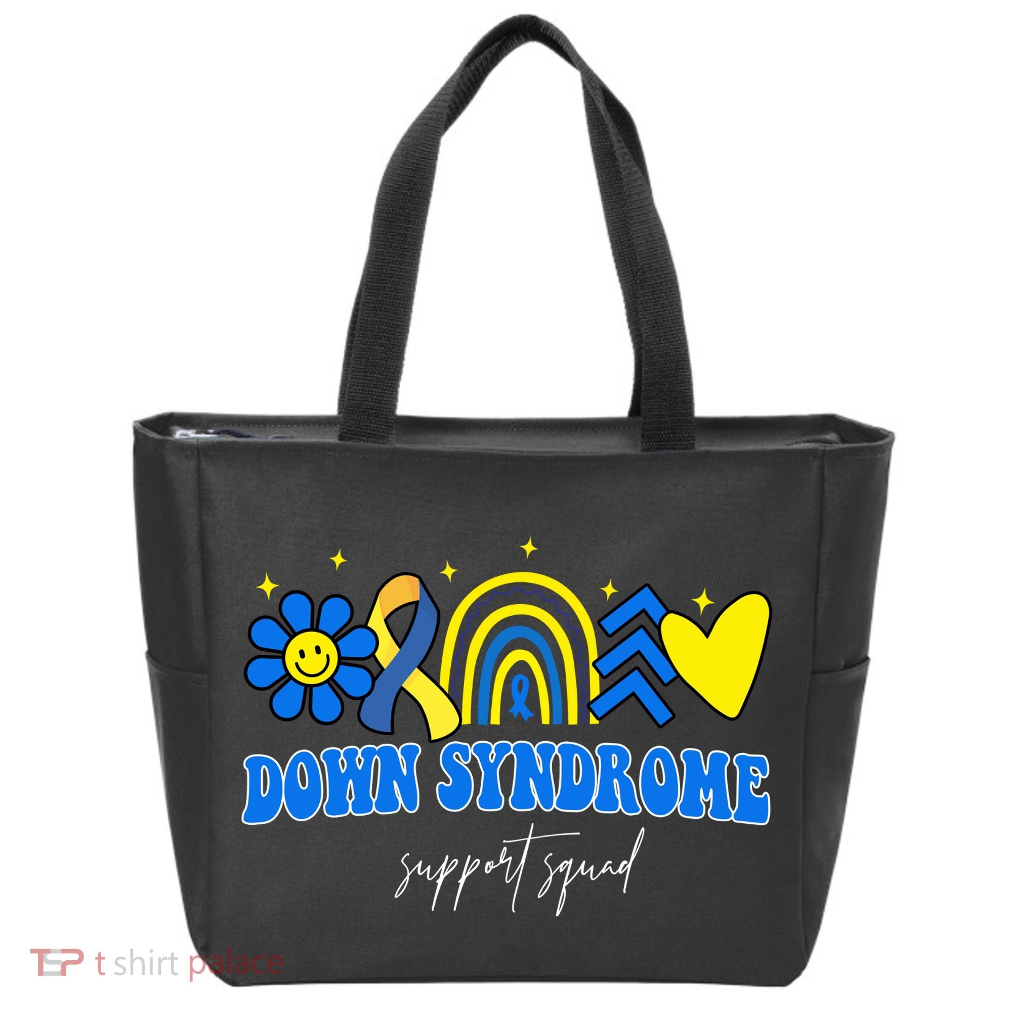 Down Syndrome Support Squad Rainbow Floral Heart Tote Bag