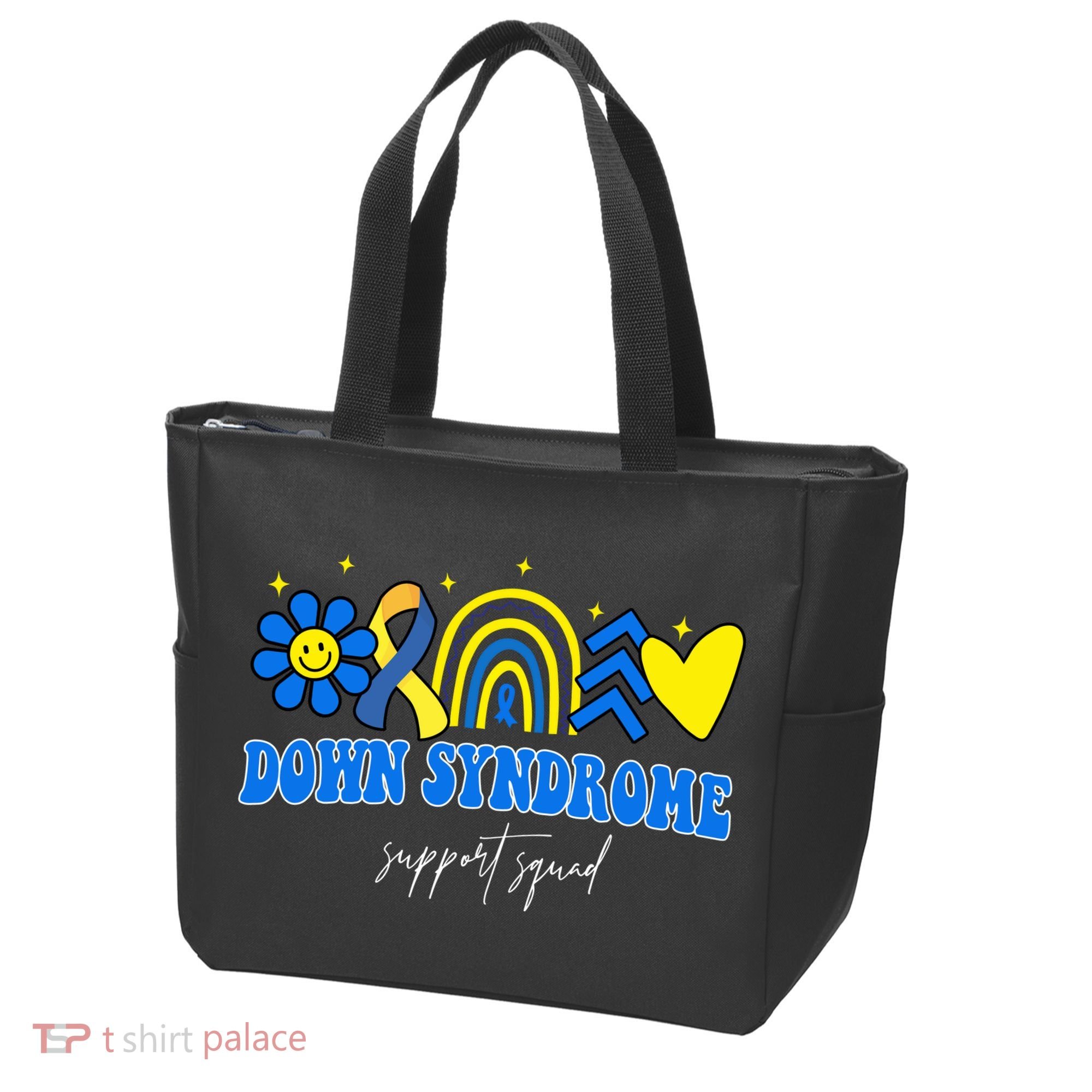 Down Syndrome Support Squad Rainbow Floral Heart Tote Bag