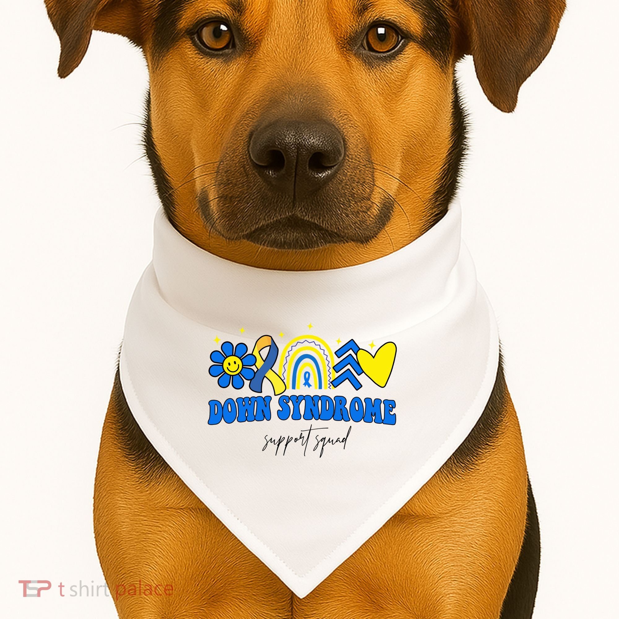 Down Syndrome Support Squad Rainbow Floral Heart USA-Made Doggie Bandana