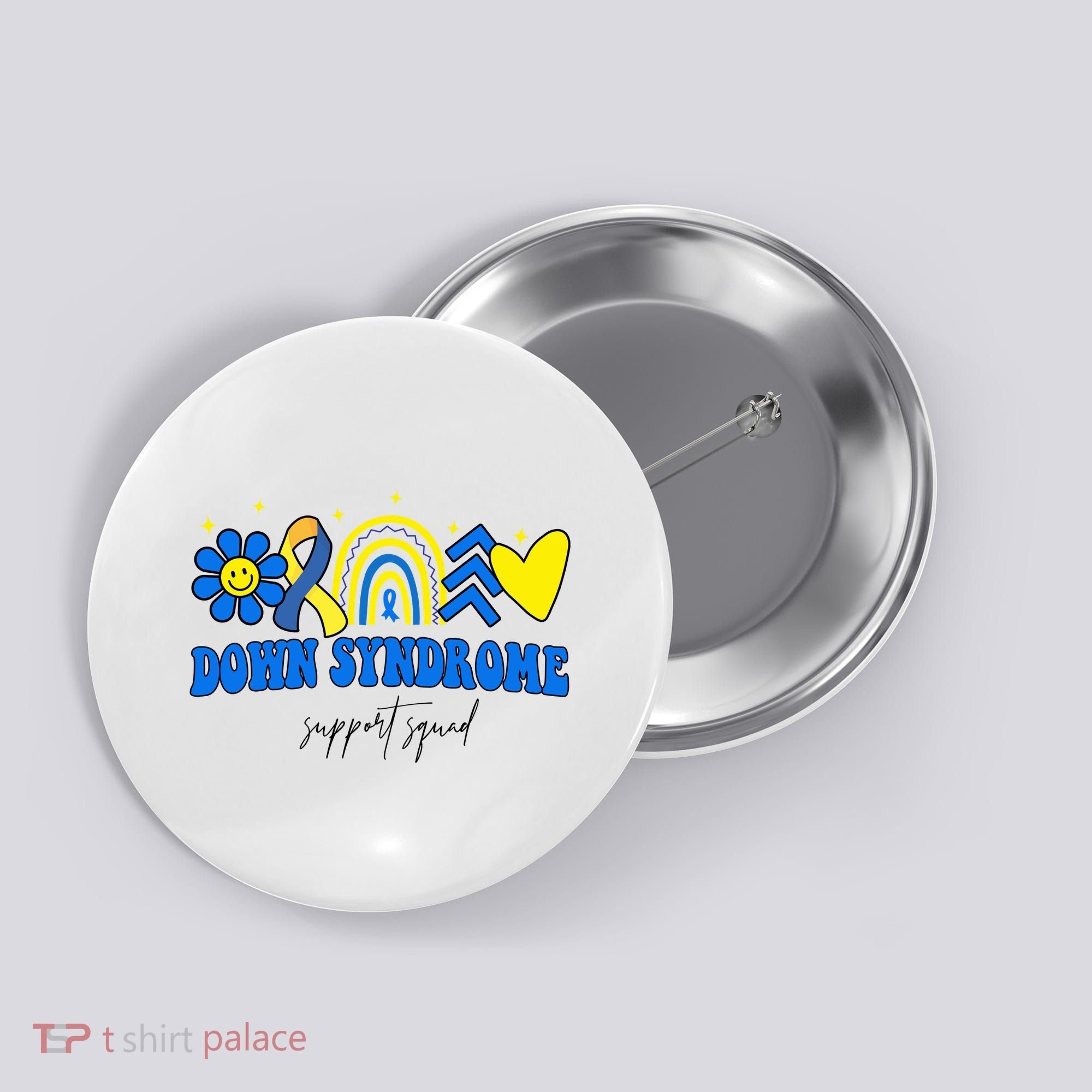 Down Syndrome Support Squad Rainbow Floral Heart Button