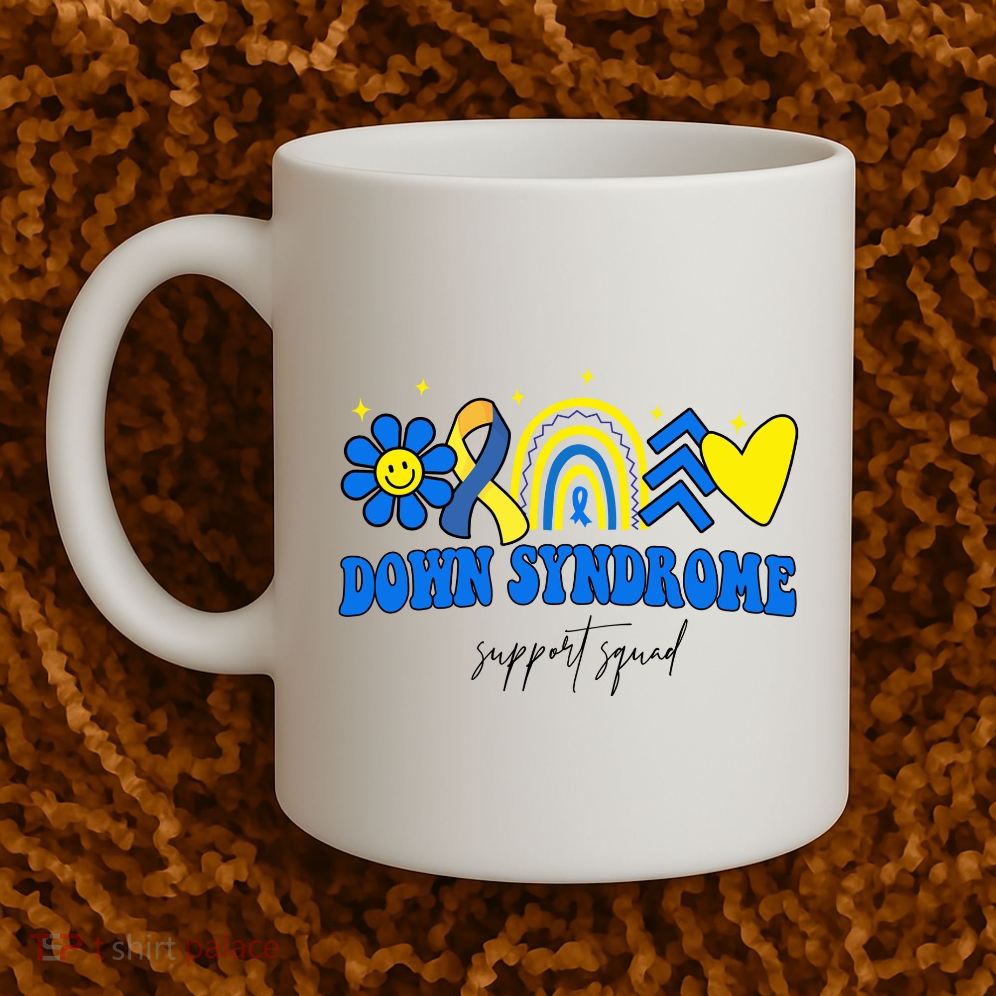 Down Syndrome Support Squad Rainbow Floral Heart Coffee Mug