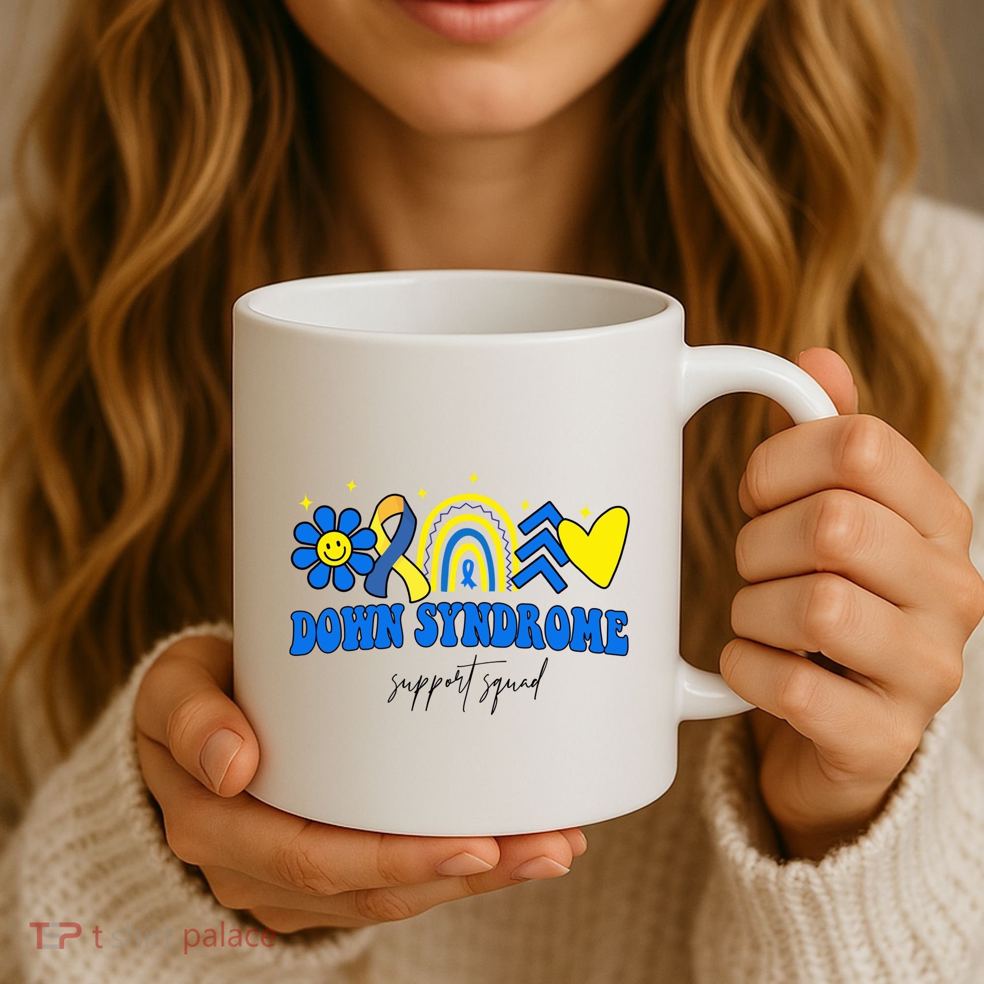Down Syndrome Support Squad Rainbow Floral Heart Coffee Mug