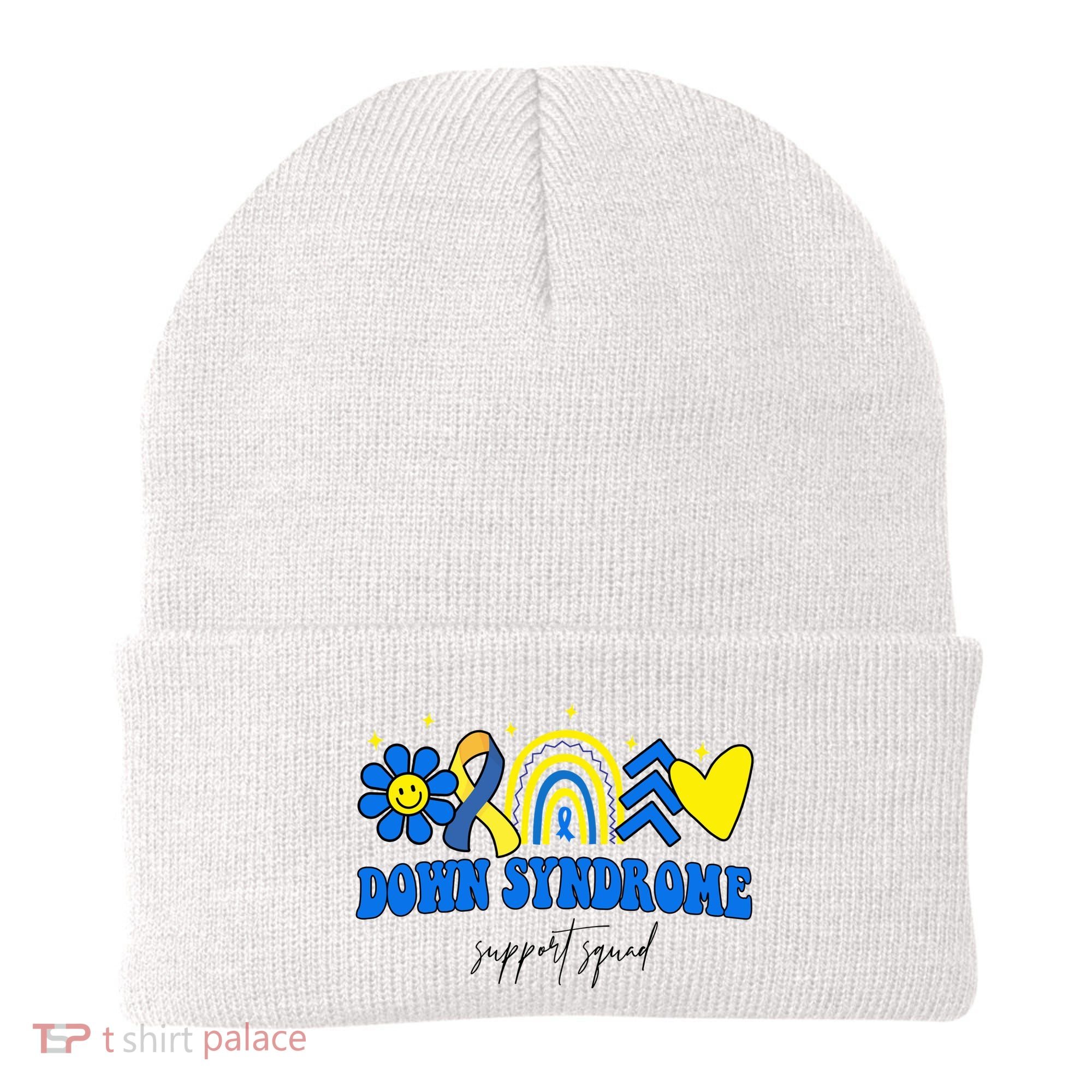Down Syndrome Support Squad Rainbow Floral Heart Beanie