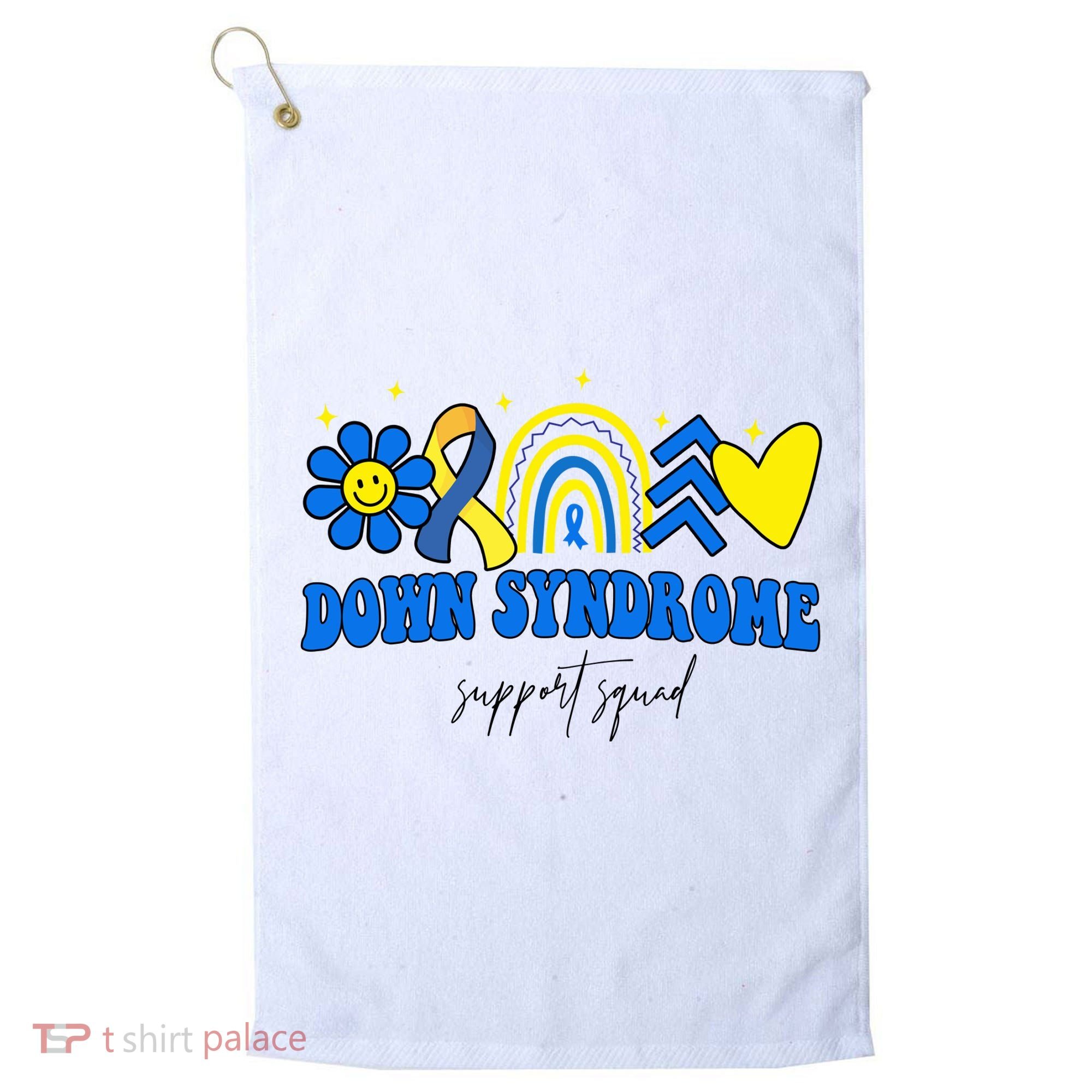 Down Syndrome Support Squad Rainbow Floral Heart Golf Towel