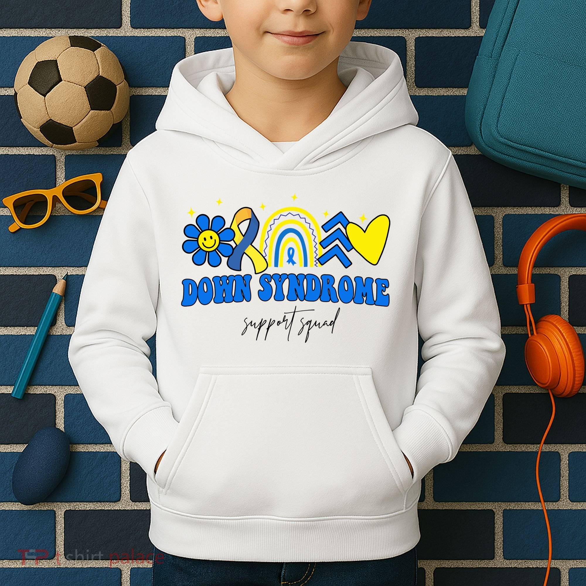 Down Syndrome Support Squad Rainbow Floral Heart Kids Hoodie