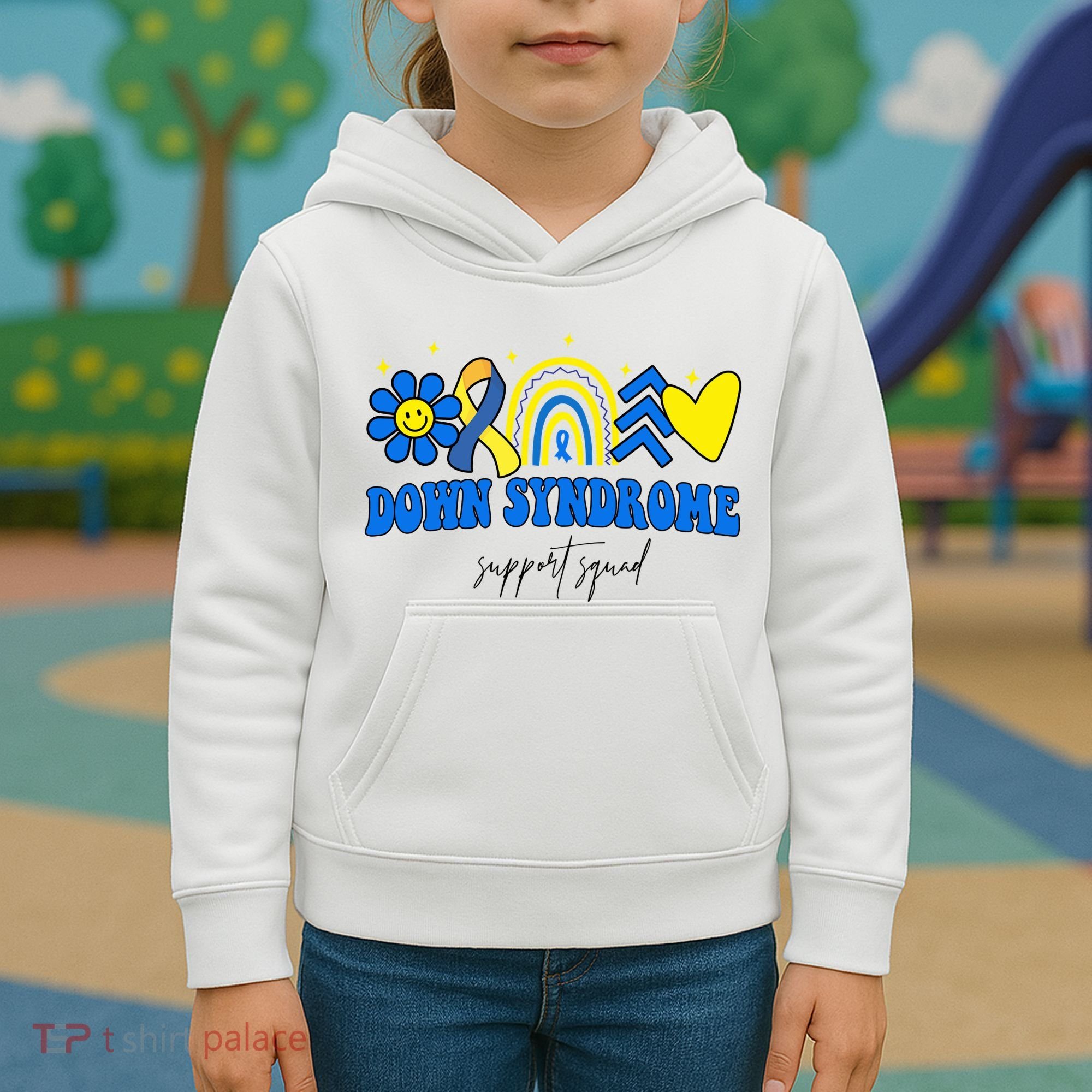 Down Syndrome Support Squad Rainbow Floral Heart Kids Hoodie