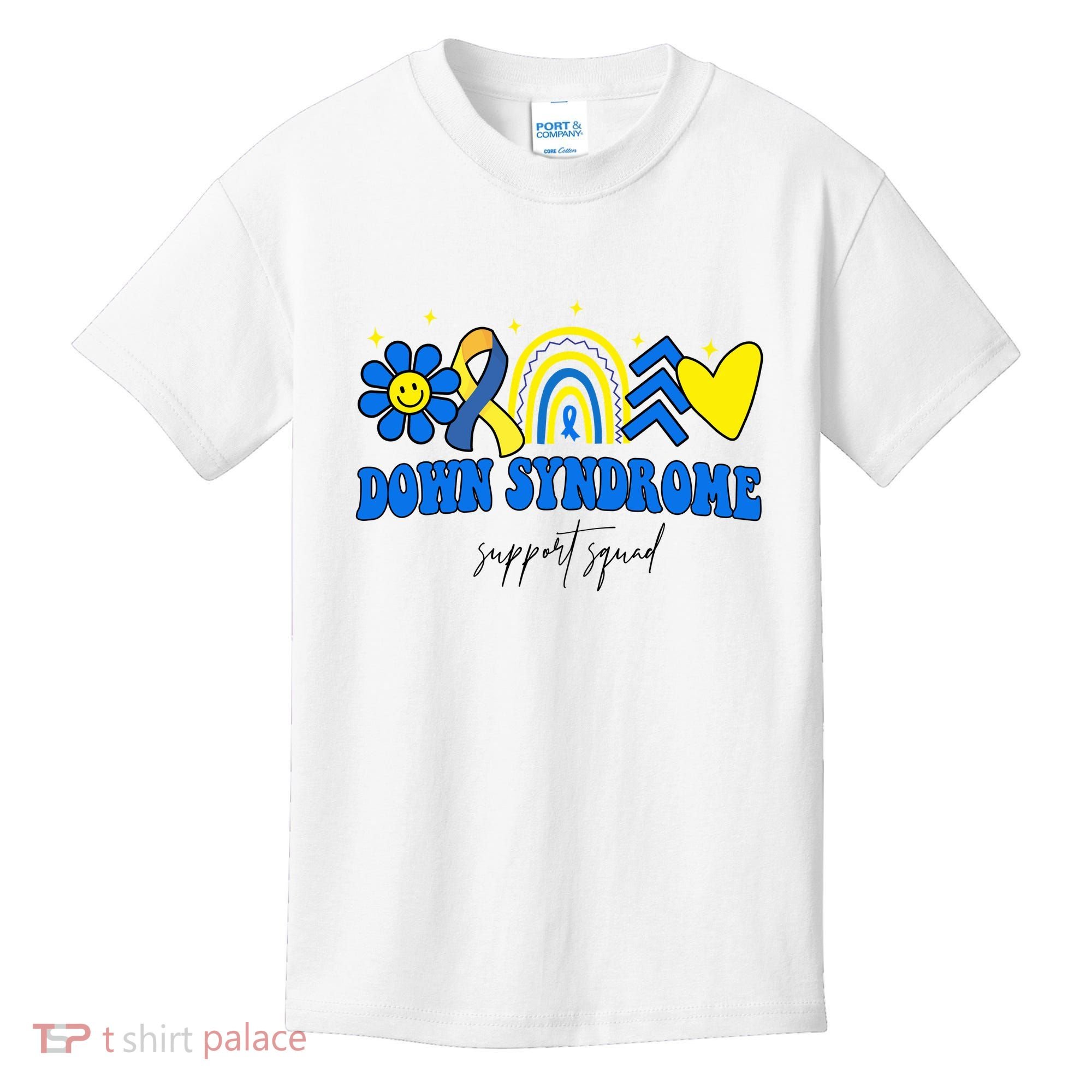 Down Syndrome Support Squad Rainbow Floral Heart Kids T-Shirt