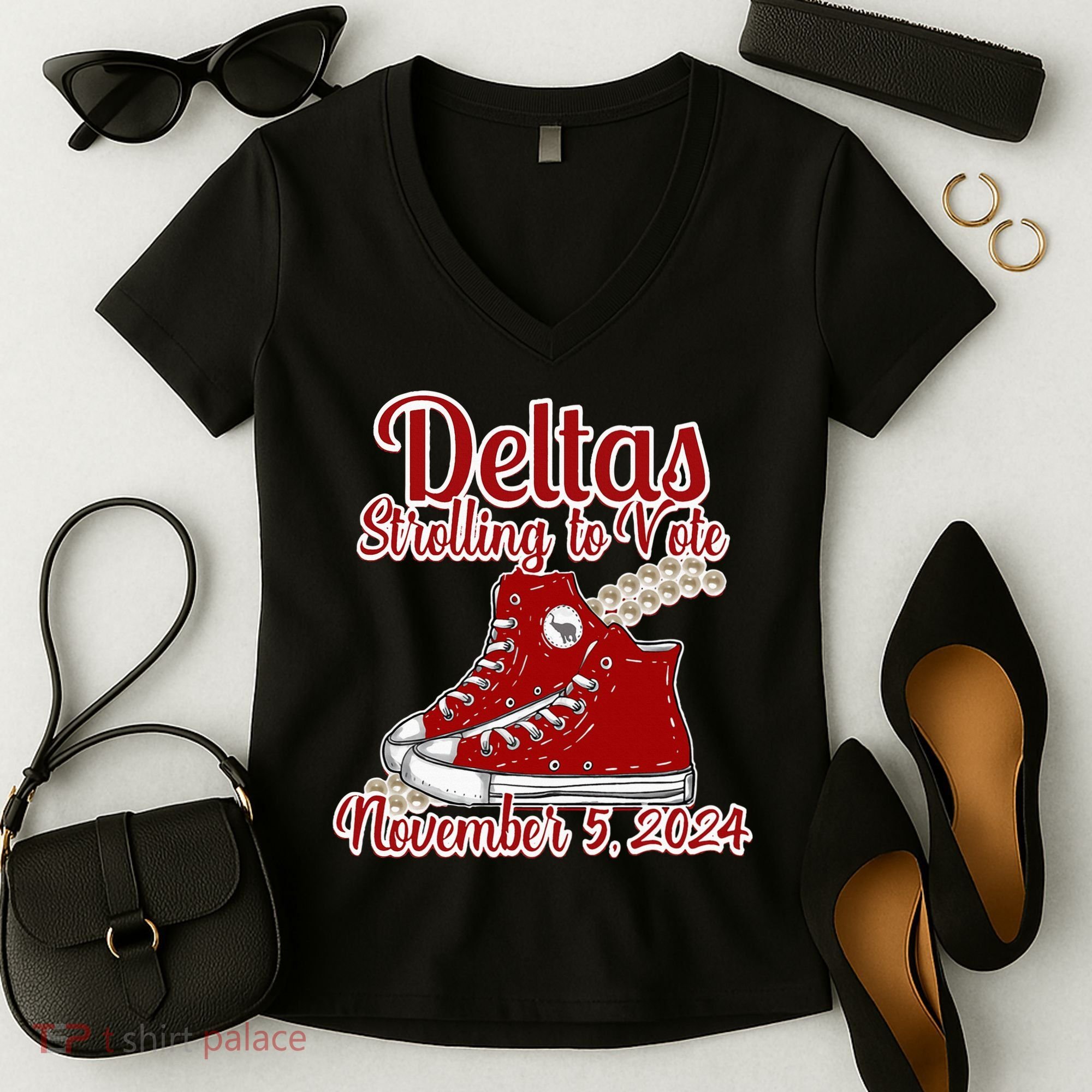 Deltas Strolling To Vote November 5 2024 Chucks And Pearls Women's V-Neck T-Shirt