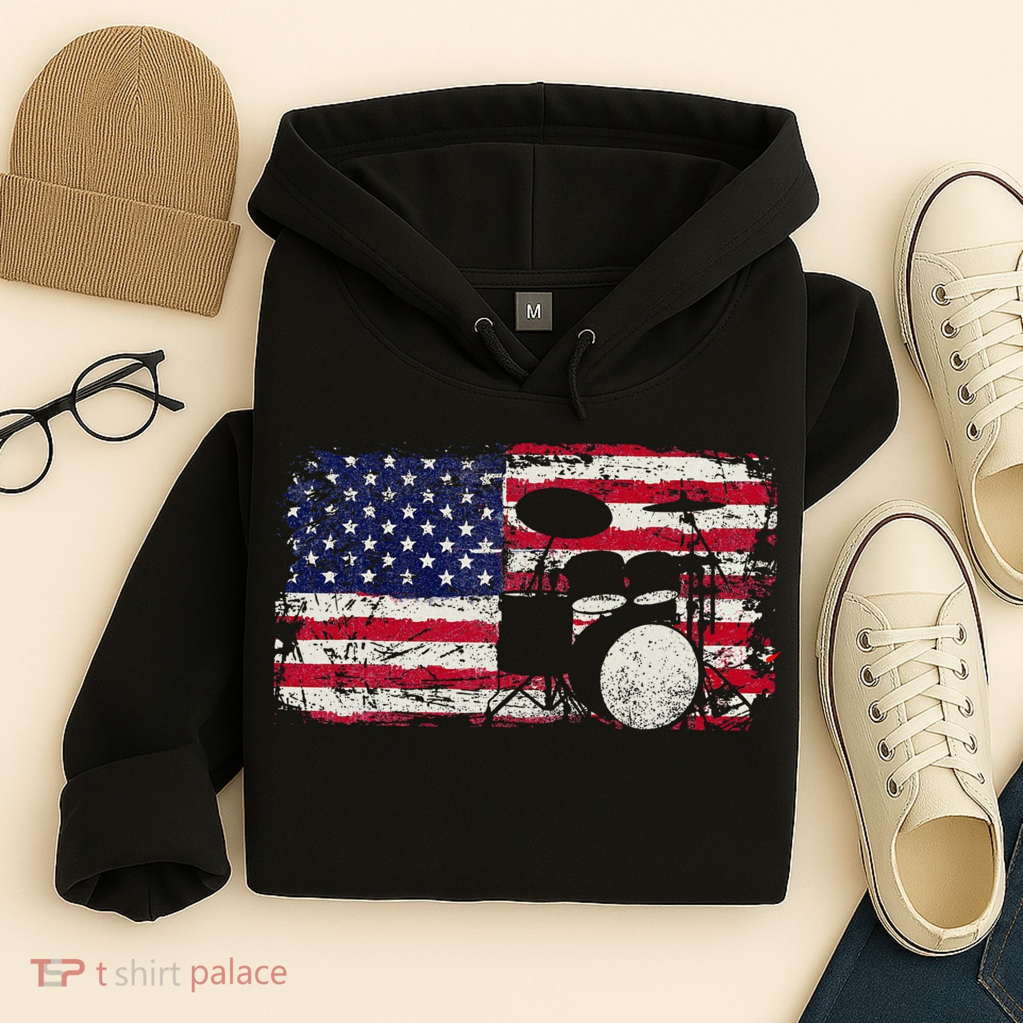 Drum Sets Usa Flag Drummer Music Lover Drumming Hoodie