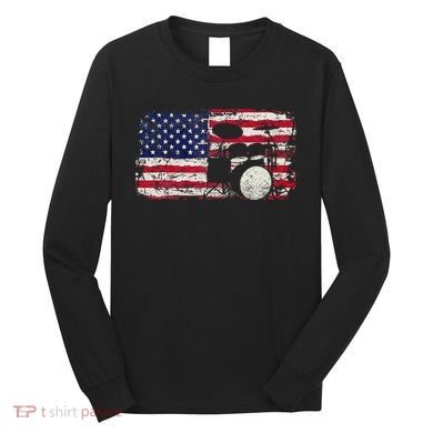 Drum Sets Usa Flag Drummer Music Lover Drumming Long Sleeve Shirt