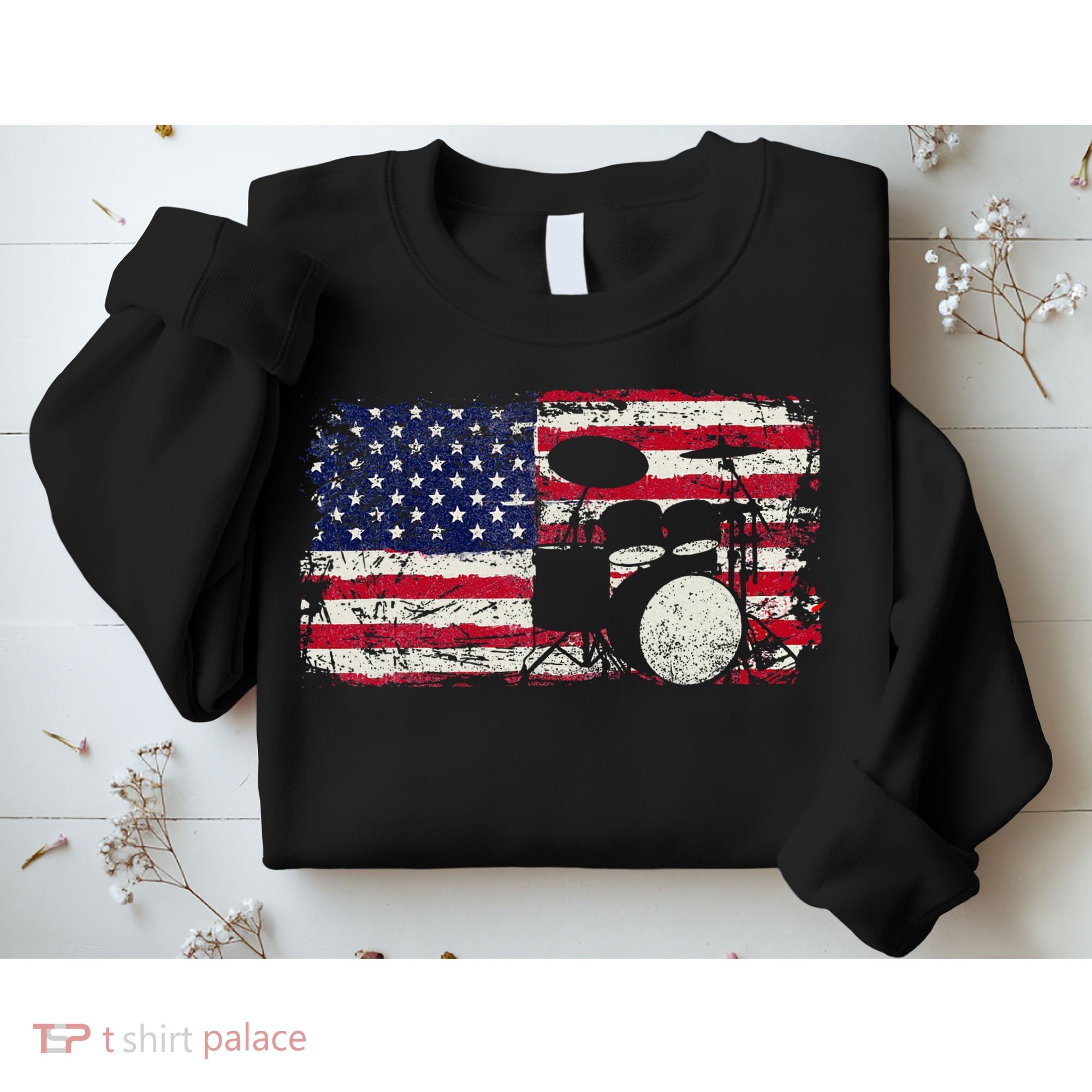 Drum Sets Usa Flag Drummer Music Lover Drumming Sweatshirt