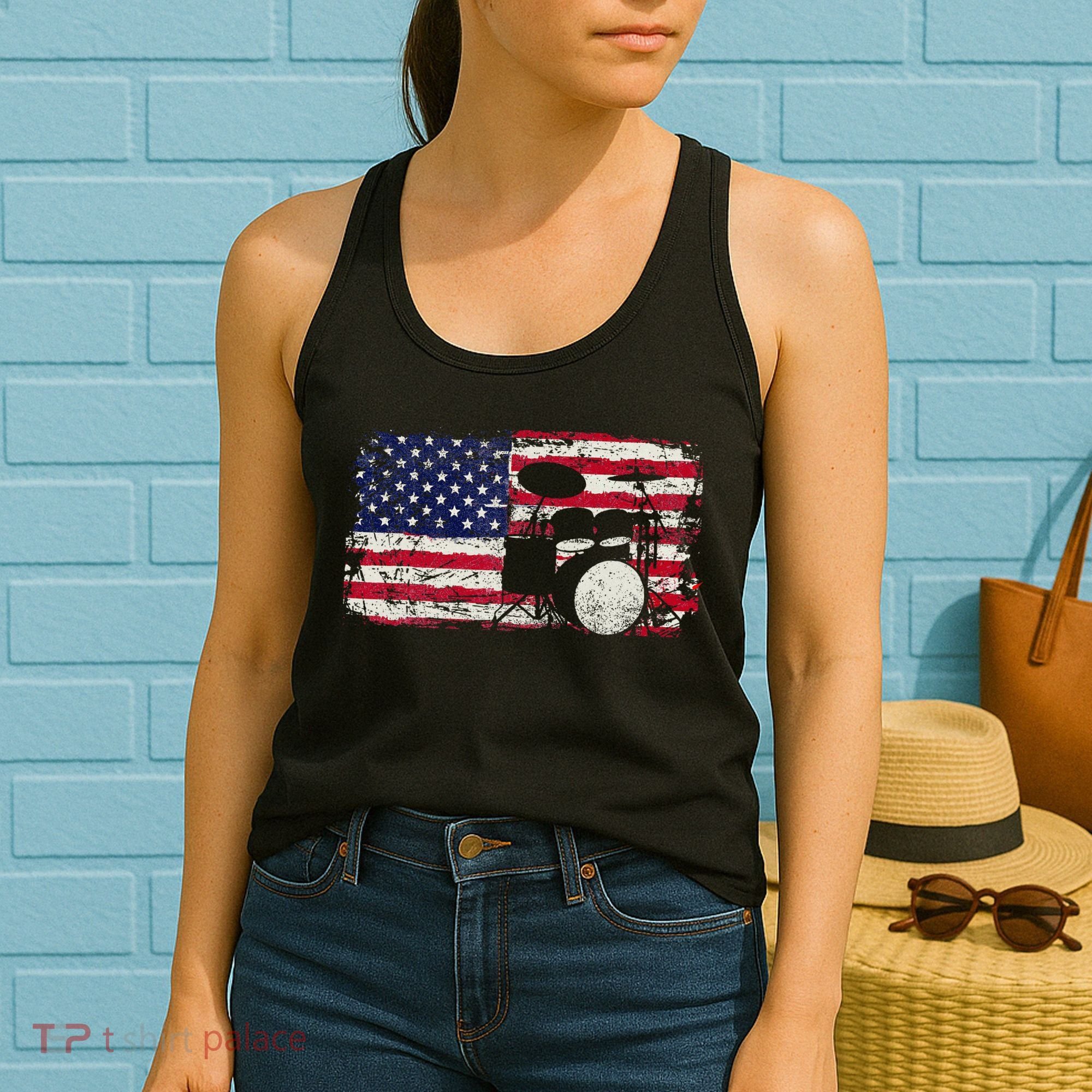 Drum Sets Usa Flag Drummer Music Lover Drumming Women's Tank Top