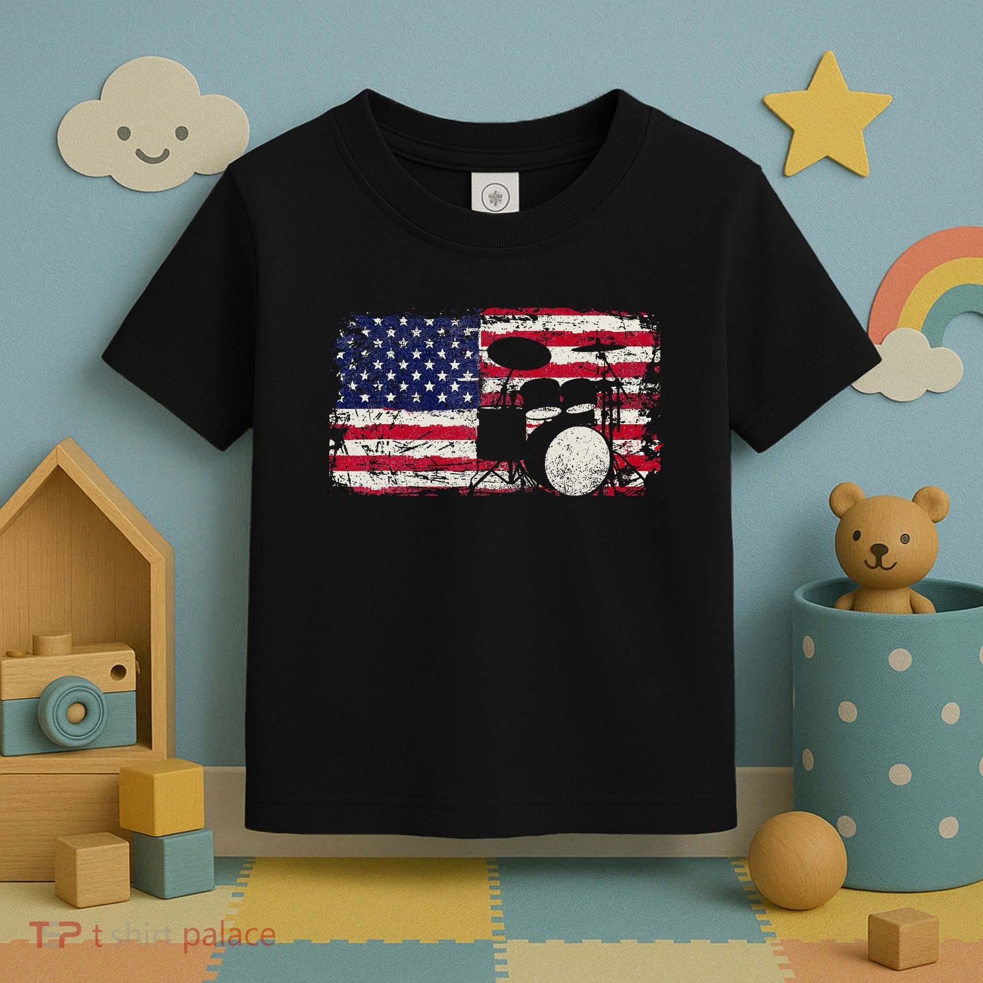 Drum Sets Usa Flag Drummer Music Lover Drumming Toddler T-Shirt