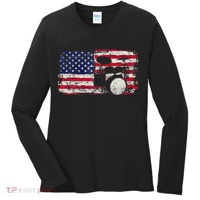 Drum Sets Usa Flag Drummer Music Lover Drumming Women's Long Sleeve Shirt