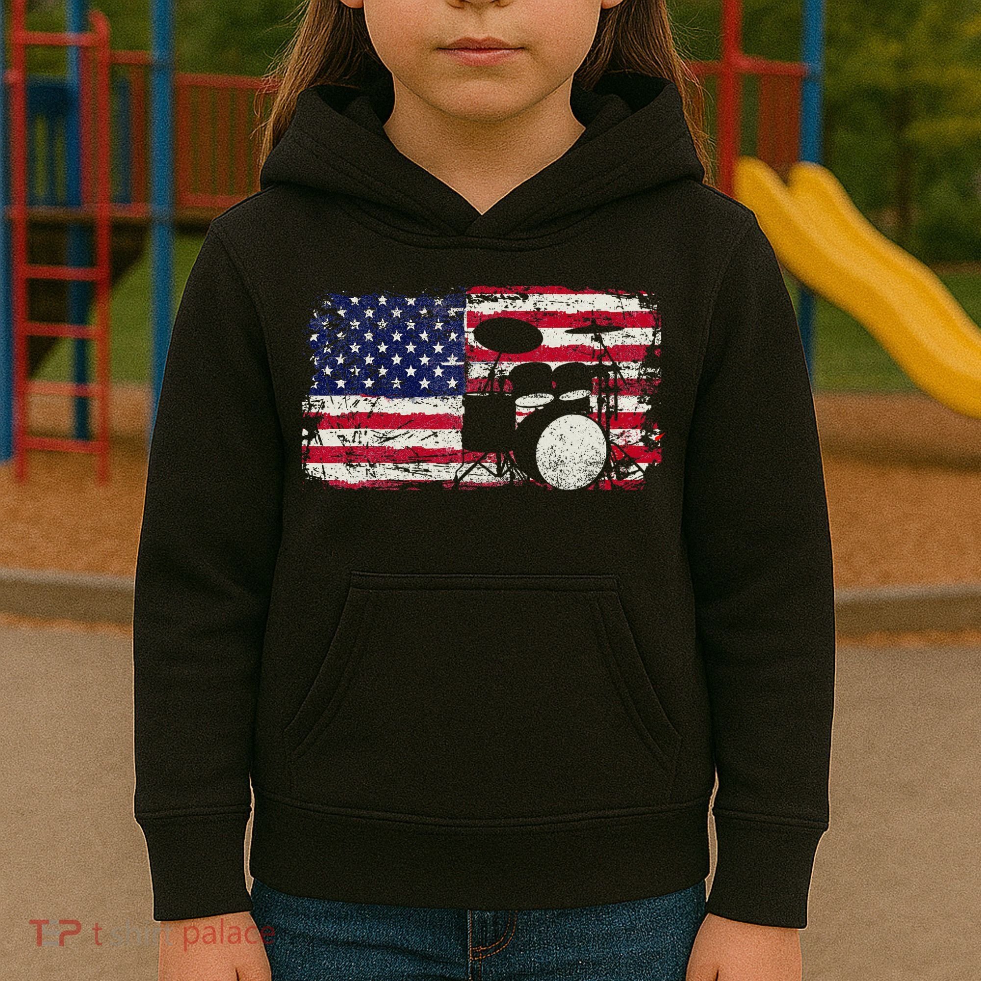 Drum Sets Usa Flag Drummer Music Lover Drumming Kids Hoodie