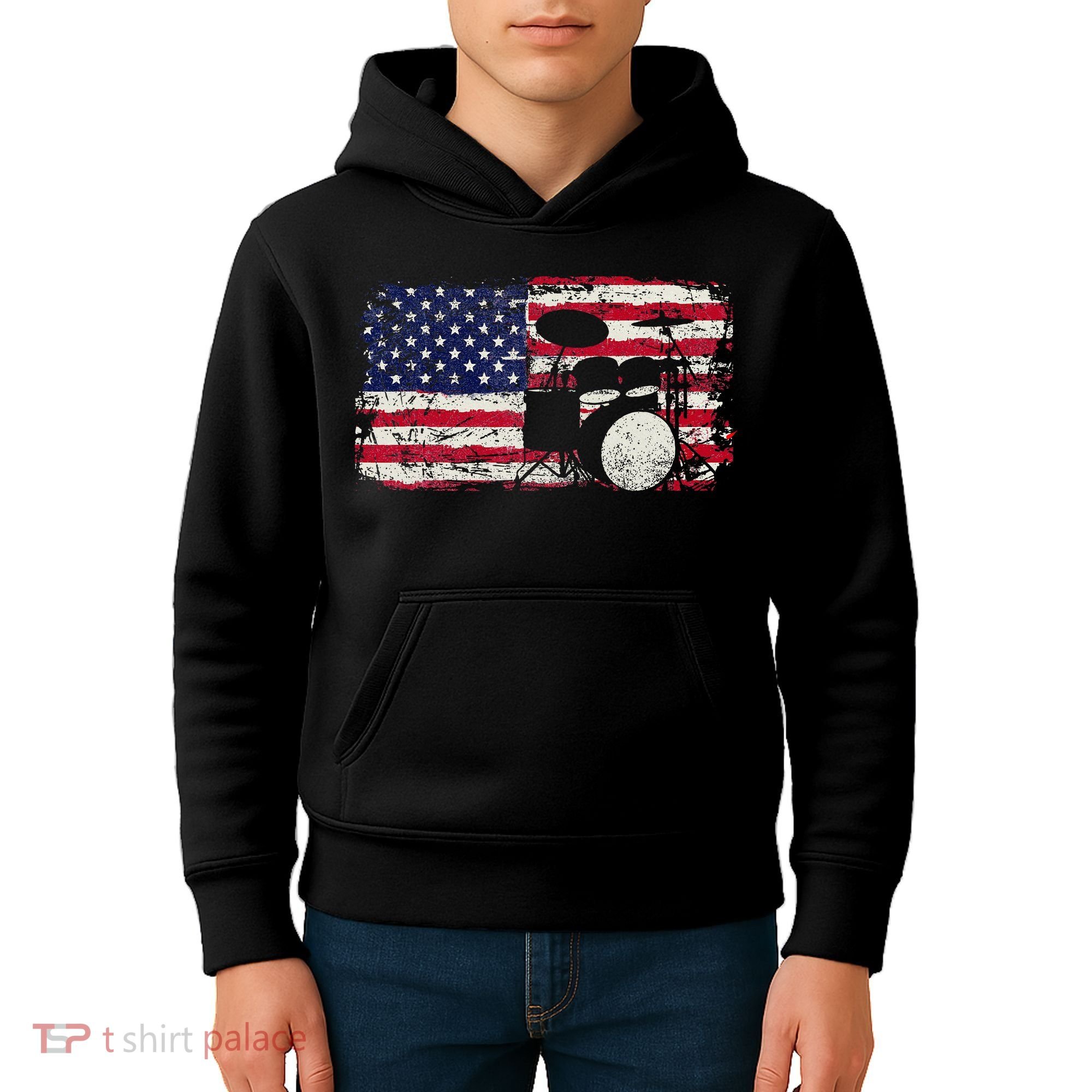 Drum Sets Usa Flag Drummer Music Lover Drumming Kids Hoodie