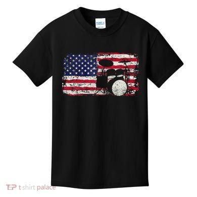 Drum Sets Usa Flag Drummer Music Lover Drumming Kids T-Shirt