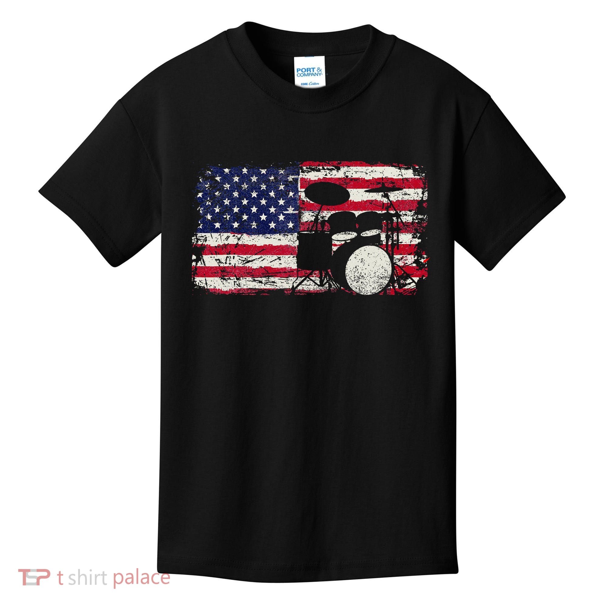 Drum Sets Usa Flag Drummer Music Lover Drumming Kids T-Shirt