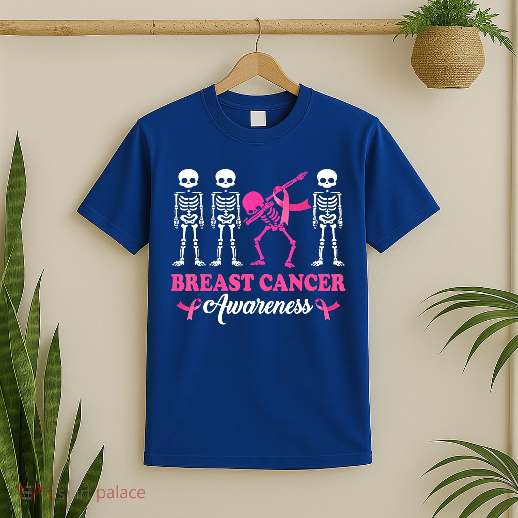 Dabbing Skeleton With Pink Ribbon Breast Cancer Halloween T-Shirt