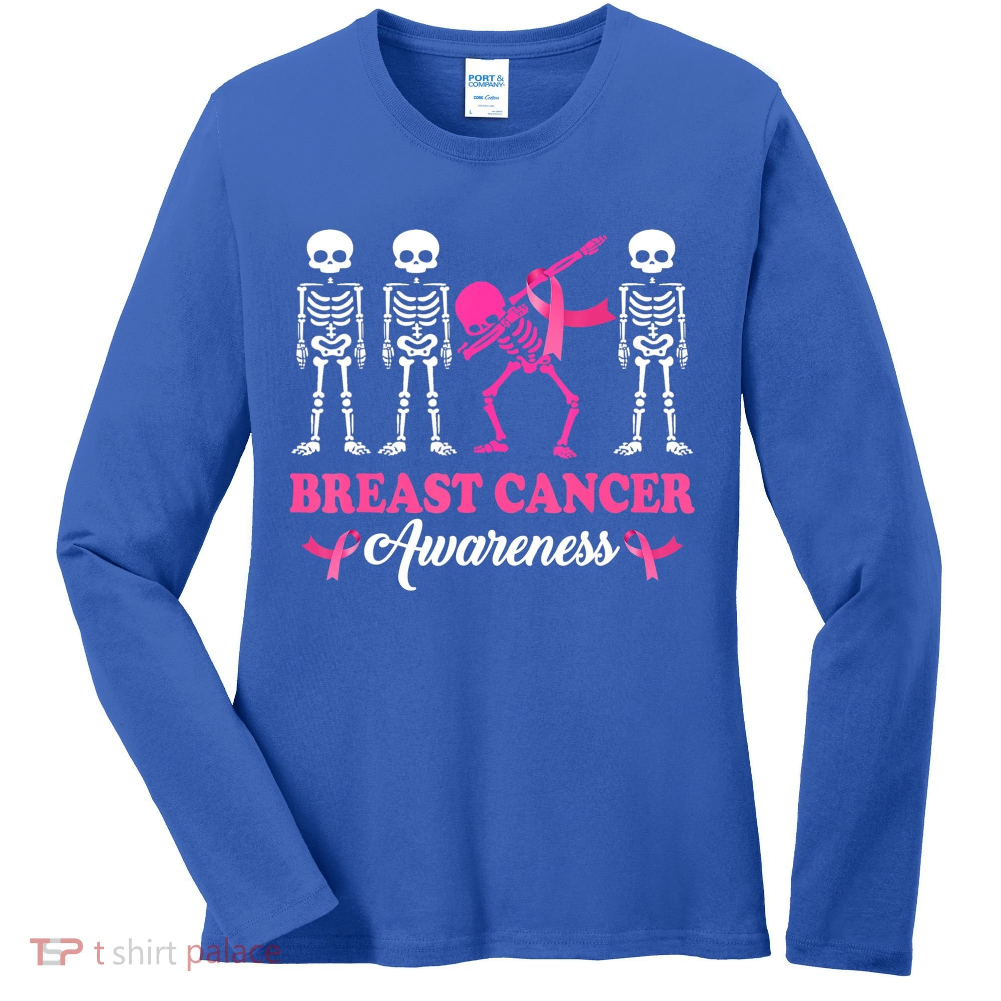 Dabbing Skeleton With Pink Ribbon Breast Cancer Halloween Women's Long Sleeve Shirt