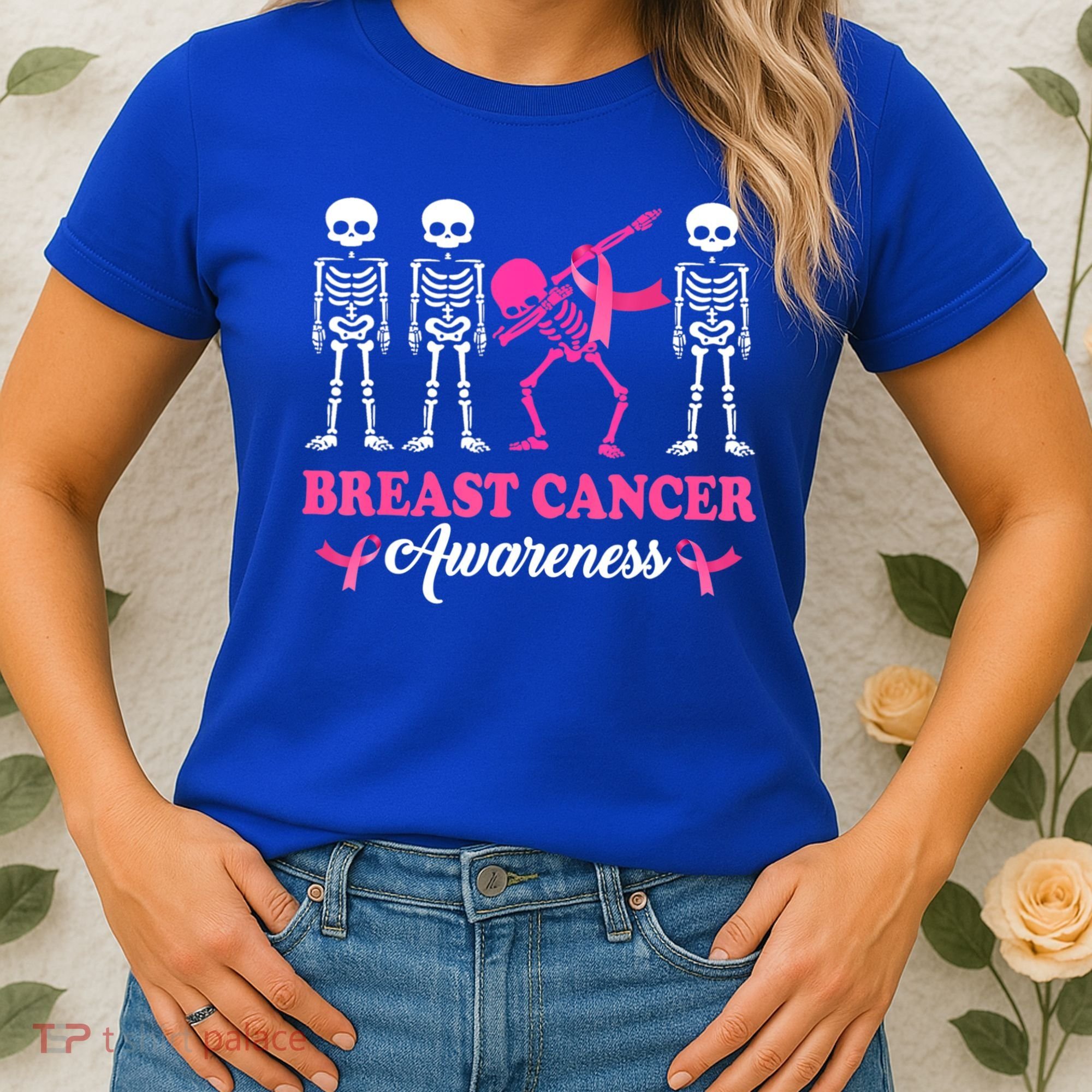Dabbing Skeleton With Pink Ribbon Breast Cancer Halloween Women's T-Shirt