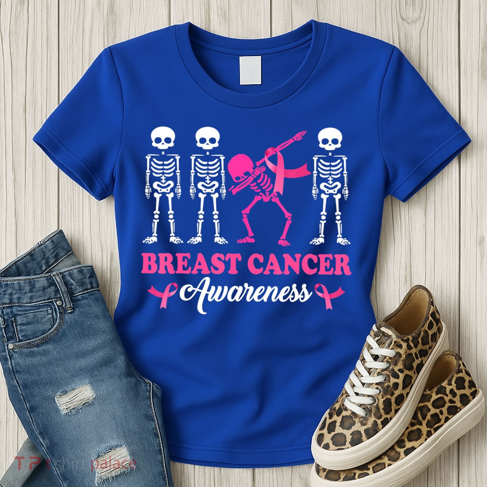 Dabbing Skeleton With Pink Ribbon Breast Cancer Halloween Women's T-Shirt